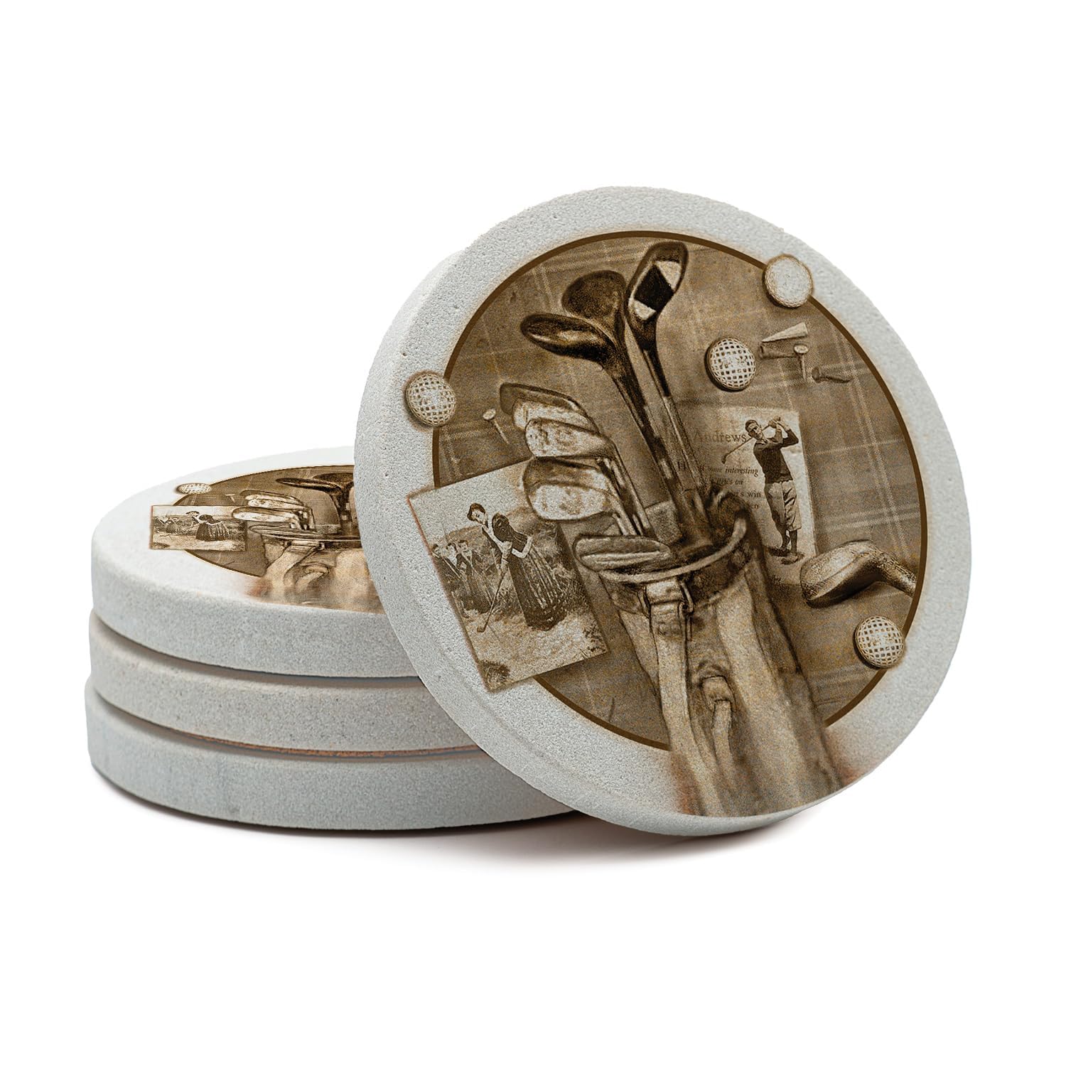 Thirstystone Golf Treasures Natural Sandstone Coasters with Protective Cork Backing 4 Pack Eco-Friendly, Absorbent, Easily Wipes Clean