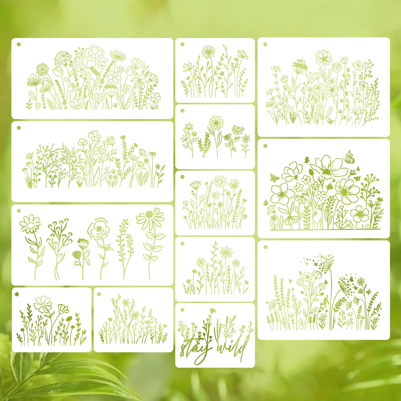 Wildflower Stencils for Crafts – 13 PCS Reusable Spring Floral Templates for Painting on Wood, Canvas, Fabric, Wall, Paper, and DIY Decor Projects