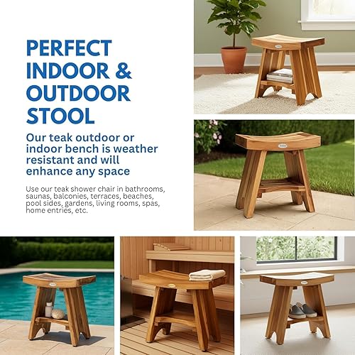 Miniatura 6 de EcoDecors Banco de ducha de teca de 18 pulgadas, capacidad de 300 libras, asiento de baño de madera impermeable con estante, asiento de spa para