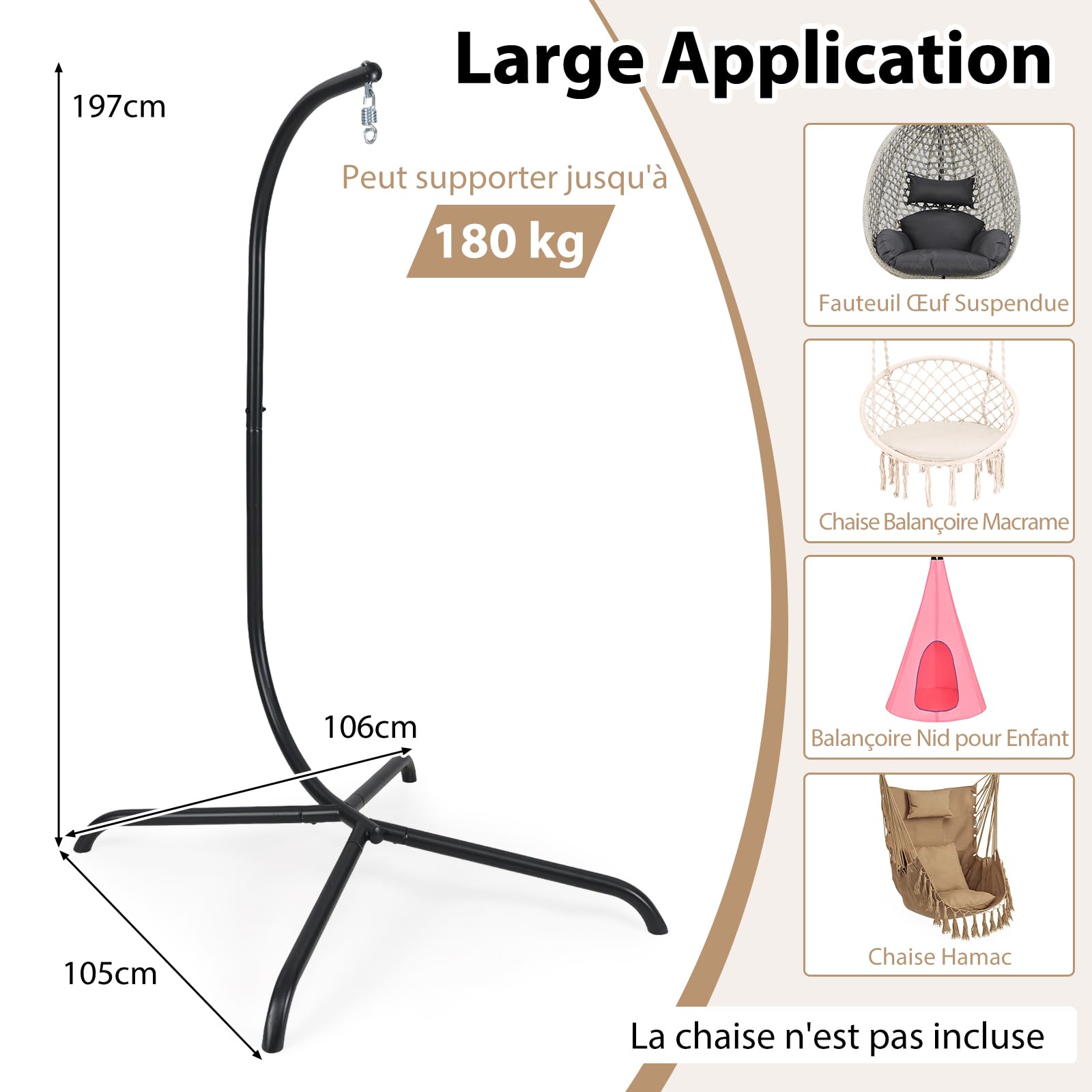DREAMADE Support en Métal pour Chaise Suspendue, Support Hamac en Forme de C avec Rotation à 360°, Capacité de Poids de 180 kg, pour Intérieur et Extérieur