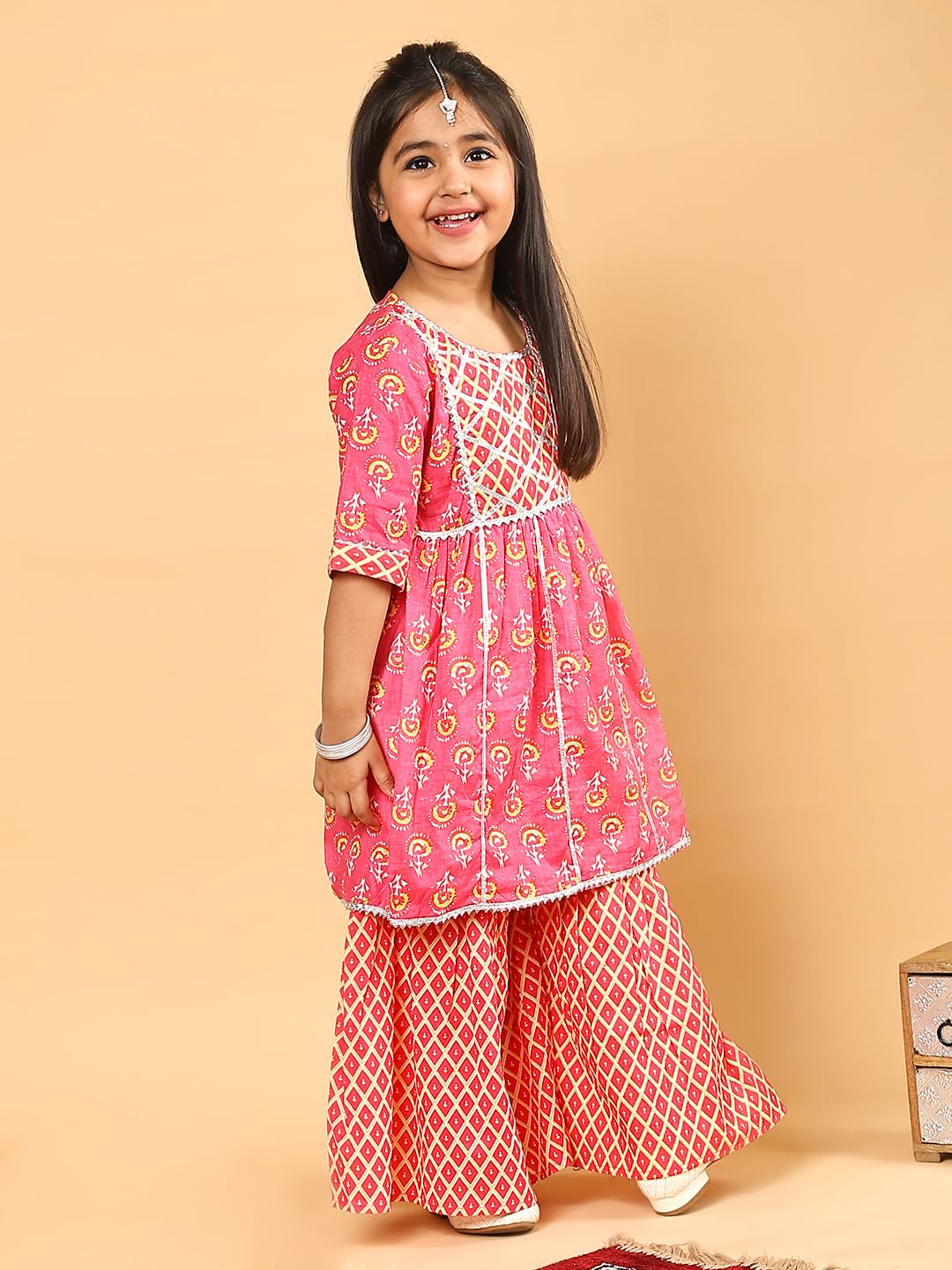 superminis Baby Girls Cotton Sanganeri Printed Frock Style Kurti With Printed Sharara Dress (6-12 Months, Light Pink) 3