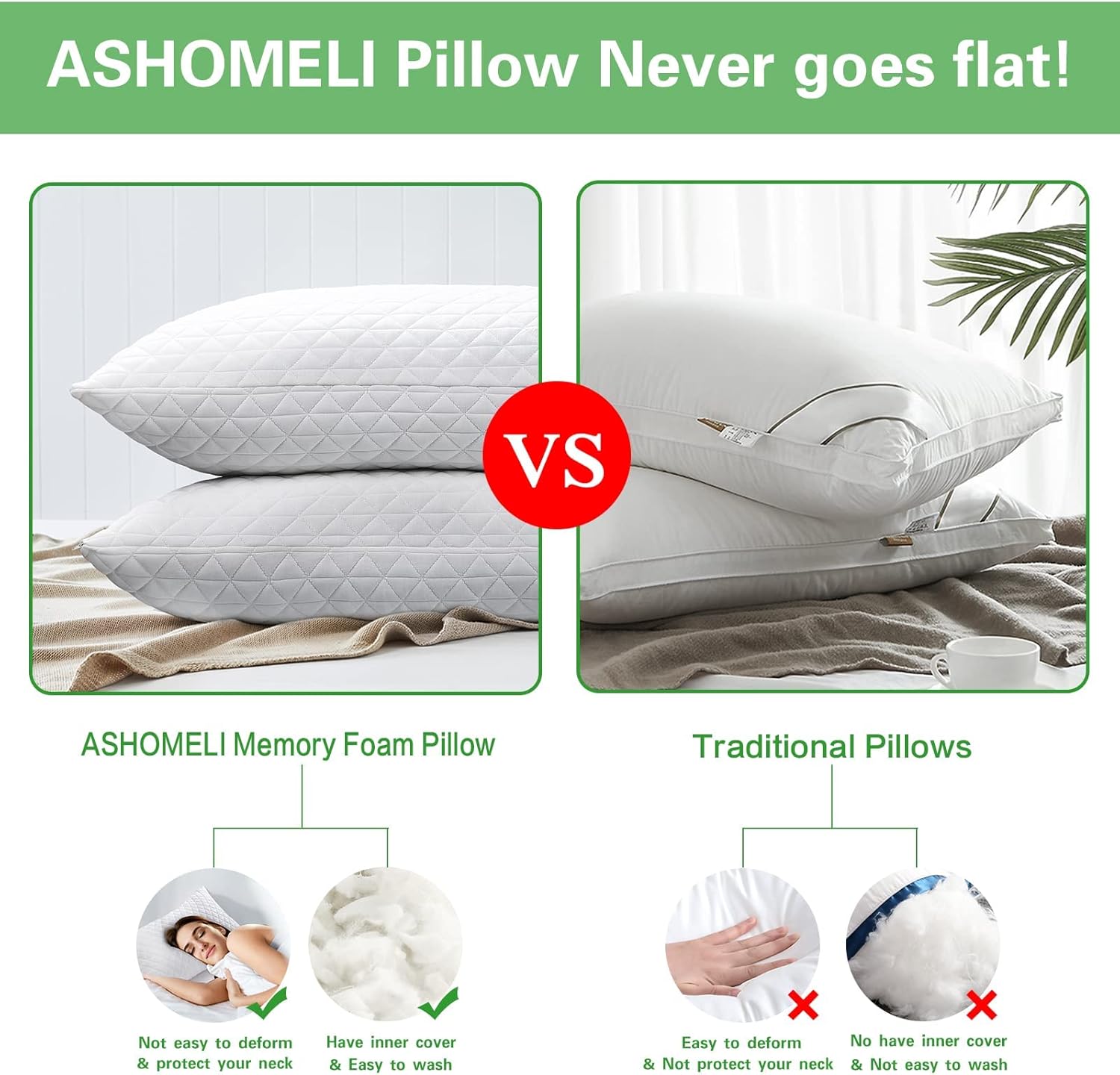 ASHOMELI Pillows Queen 2 Pack Shredded Memory Foam Pillows Cooling Adjustablefor Sleeping Good for Side and Back Sleeper with Washable Removable Bamboo Cover : Home & Kitchen