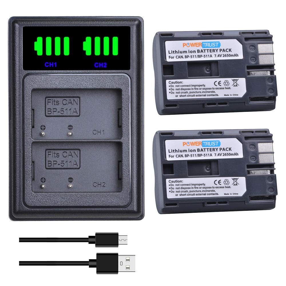 2-Pack BP-511 BP-511A Battery with LED Dual Charger with type-C port for Canon EOS 5D 10D 20D 20Da 30D 40D 50D 300D D60 PowerShot G1 G2 G3 G5 G6 Pro 1 Pro 90 Pro 90IS Camera