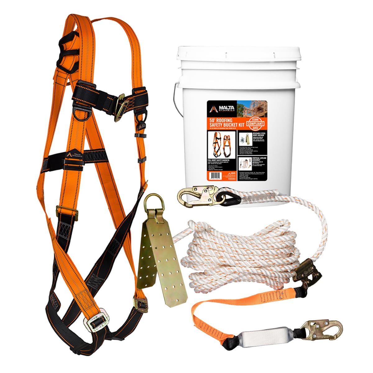 Malta Dynamics50’ Roofers Safety Bucket Kit – Warthog Pass-Thru Safety Harness, Reusable Roof Anchor, and 50’ Vertical Lifeline Assembly, OSHA/ANSI Compliant