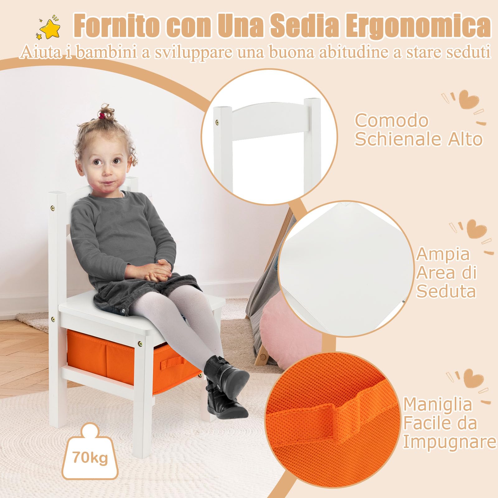 RELAX4LIFE Scrivania per Bambini in Legno con Sedia, Coperchio Apribile Contenitore, Cerniera, Gancio per Zaino e Scatola per Età 3+ Anni (Bianco)
