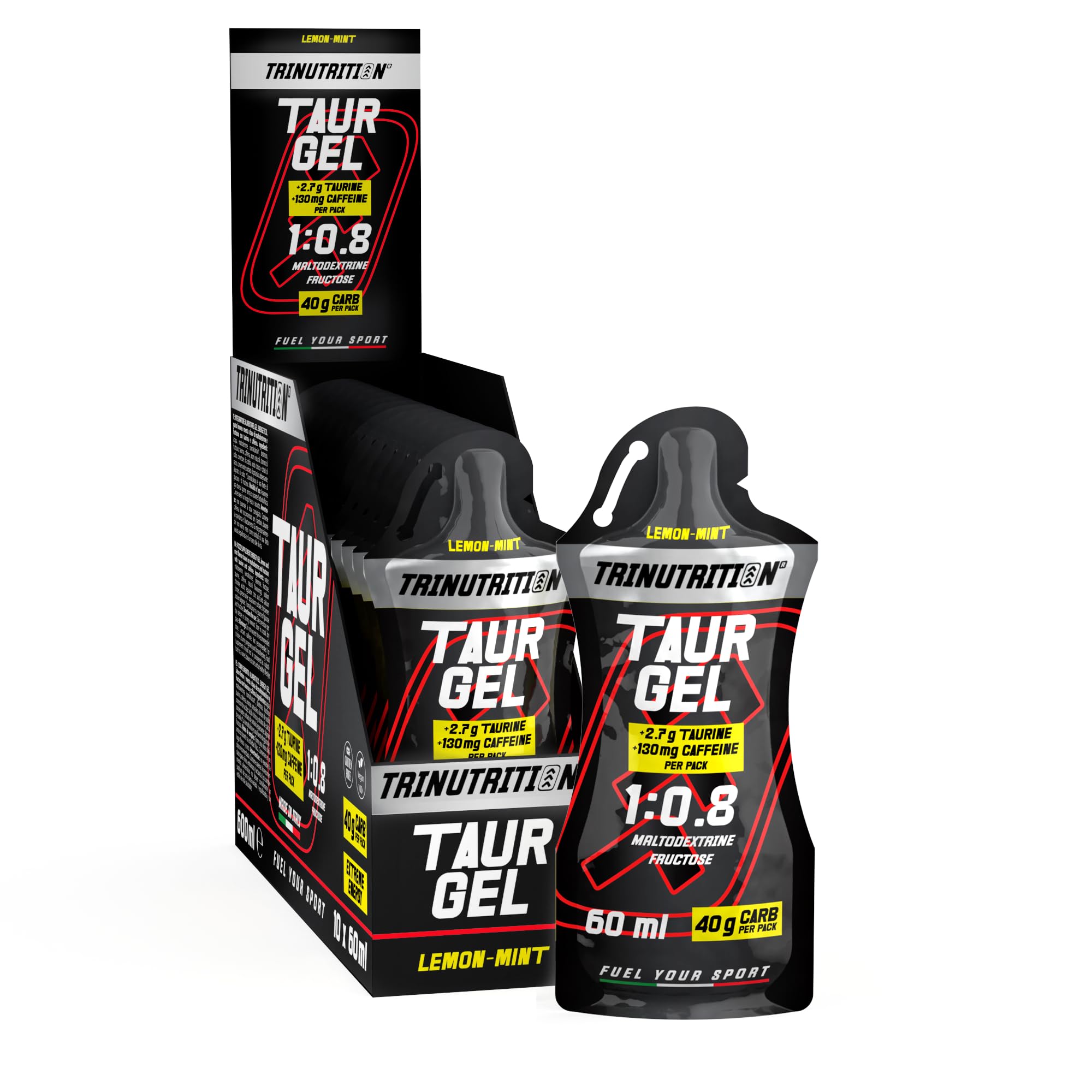 TAUR GEL, Gel Energetico con Taurina e Caffeina, 10 x 60ml, 40g di Carboidrati, Rapporto 1:0,8 Maltodestrine e Fruttosio, Gusto Limone e Menta, Gel per Ciclismo Corsa, Senza Glutine