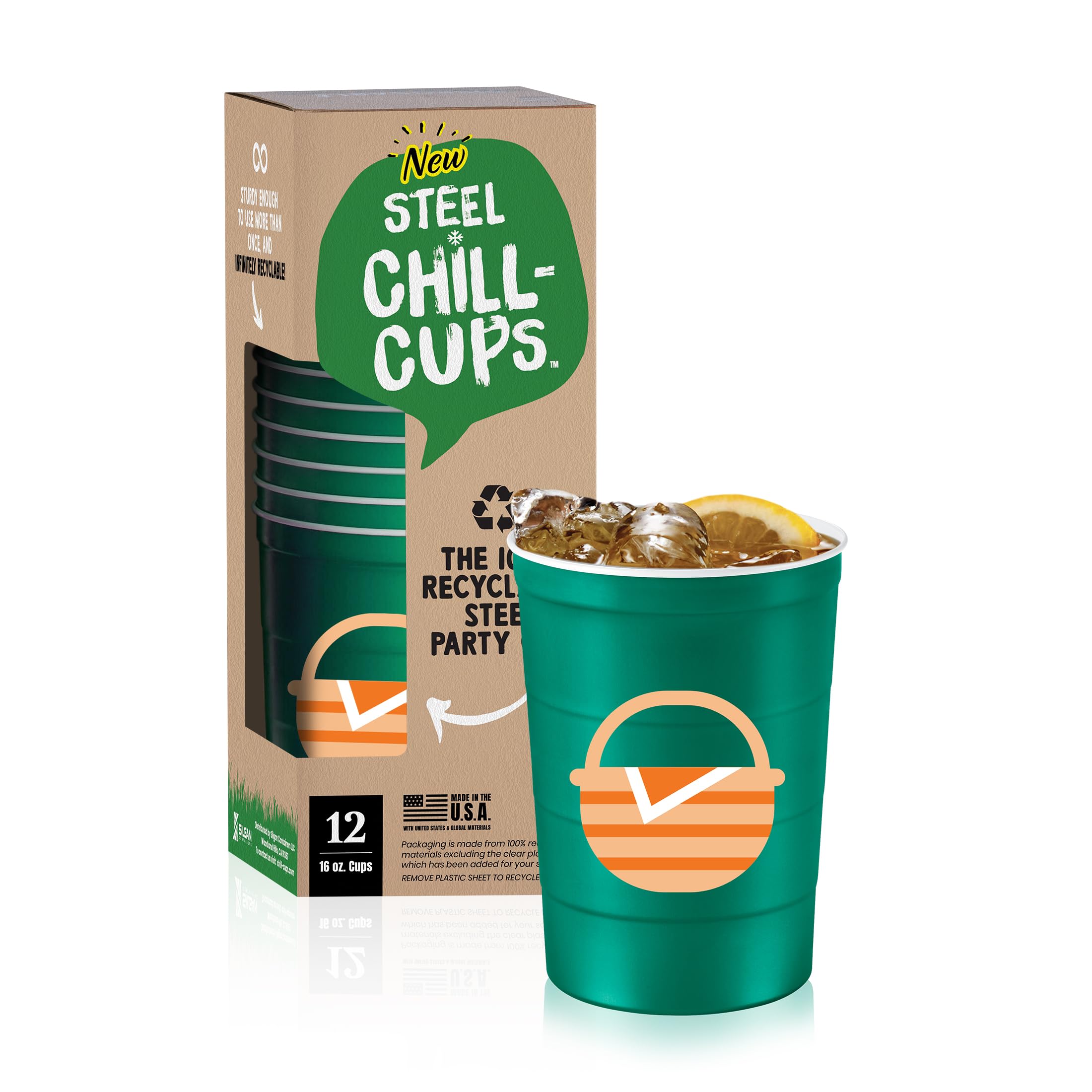 Steel Chill Cups 16 oz. Party Cup Summer BBQ Grill Picnic Design for Cold Drinks, Sturdy, Durable, Disposable, Recyclable, Made in USA, Green 12 Count