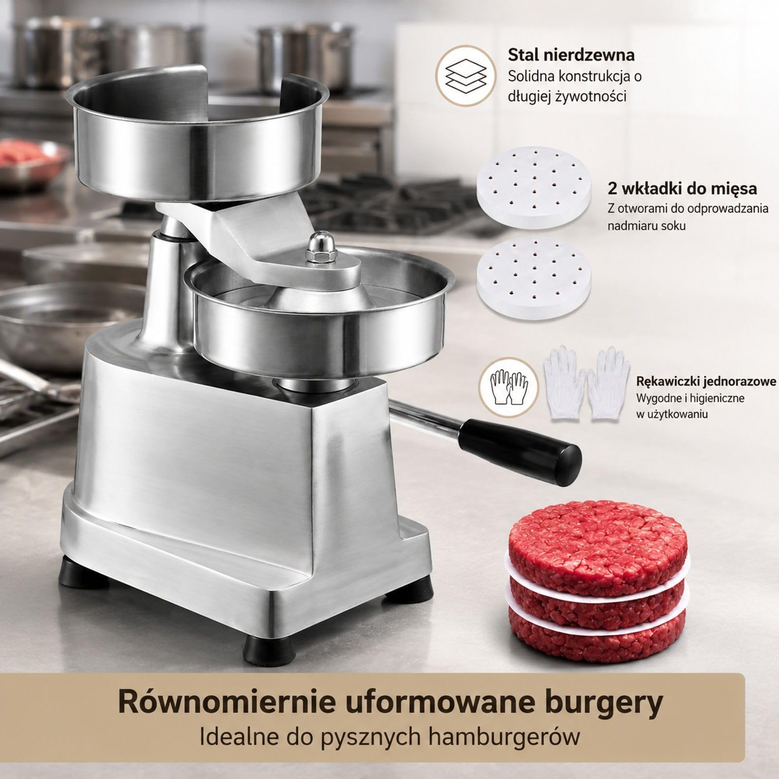 Ręczna prasa do burgerów z misą, metalowa forma do kotletów z 1000 arkuszami papieru do kuchni i cateringu