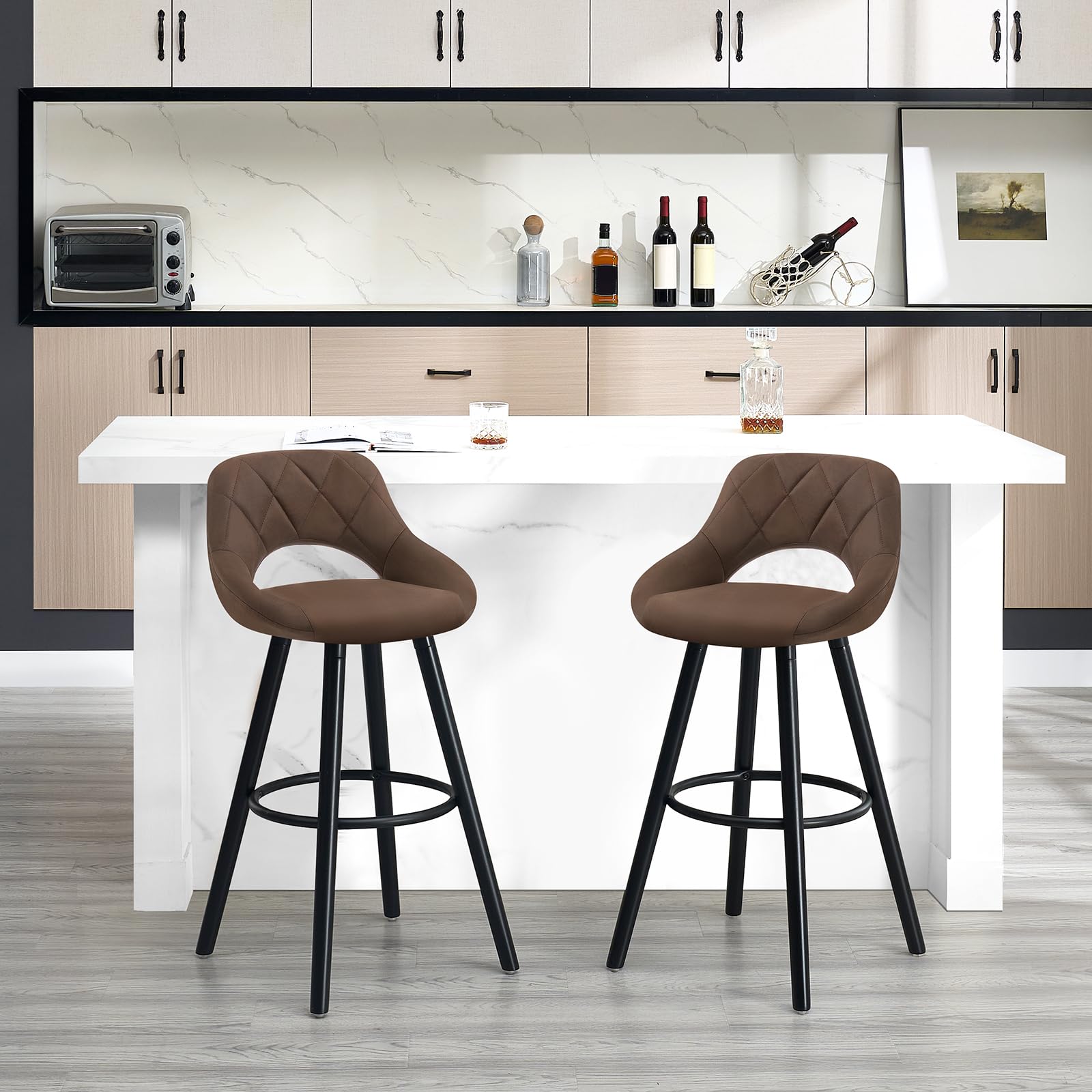 WOLTU Sgabelli da Cucina Set di 2, Sgabello da Bar per Colazione, Sgabelli Alti con Poggiapiedi e Schienale, Sedile in Tessuto Tecnico+Gambe in Legno, Marrone Scuro, BH291dbr-2