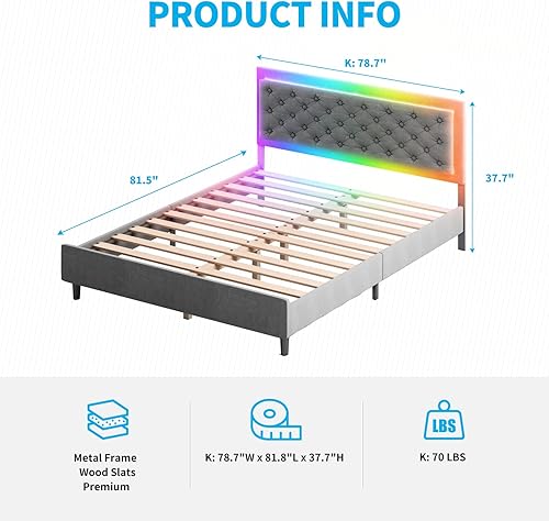 Miniatura 2 de Mjkone Platform Bed Frame with RGB LED Headboard, King Size Bed Frame with Music Sync Compatible with Alexa or Apps, Upholstered Bedframe Adjustable