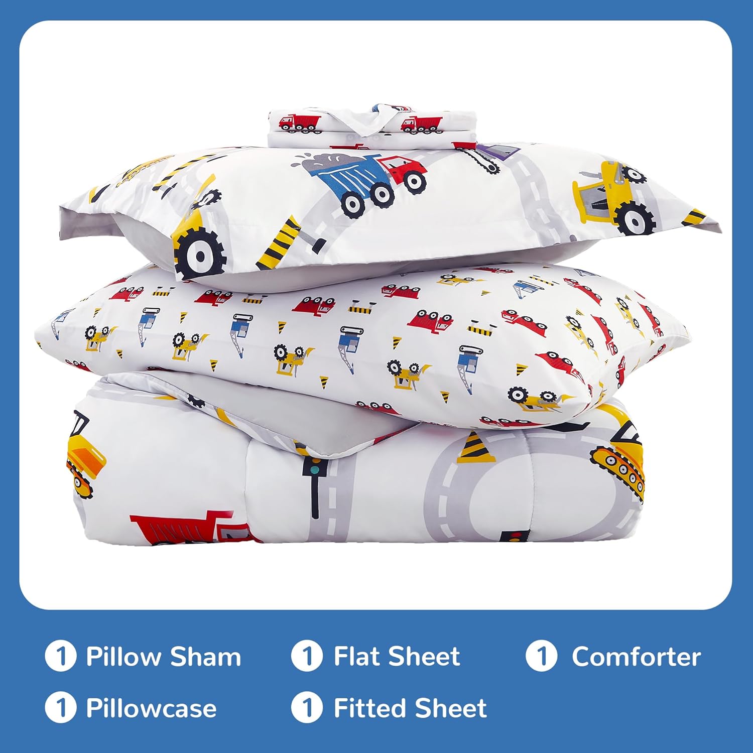 Viviland Kids Twin Bedding Sets for Boys, Girls Soft Twin Comforter Set with Sheets, 5 Pieces Microfiber Bed in a Bag, White Car Excavator - Image 2