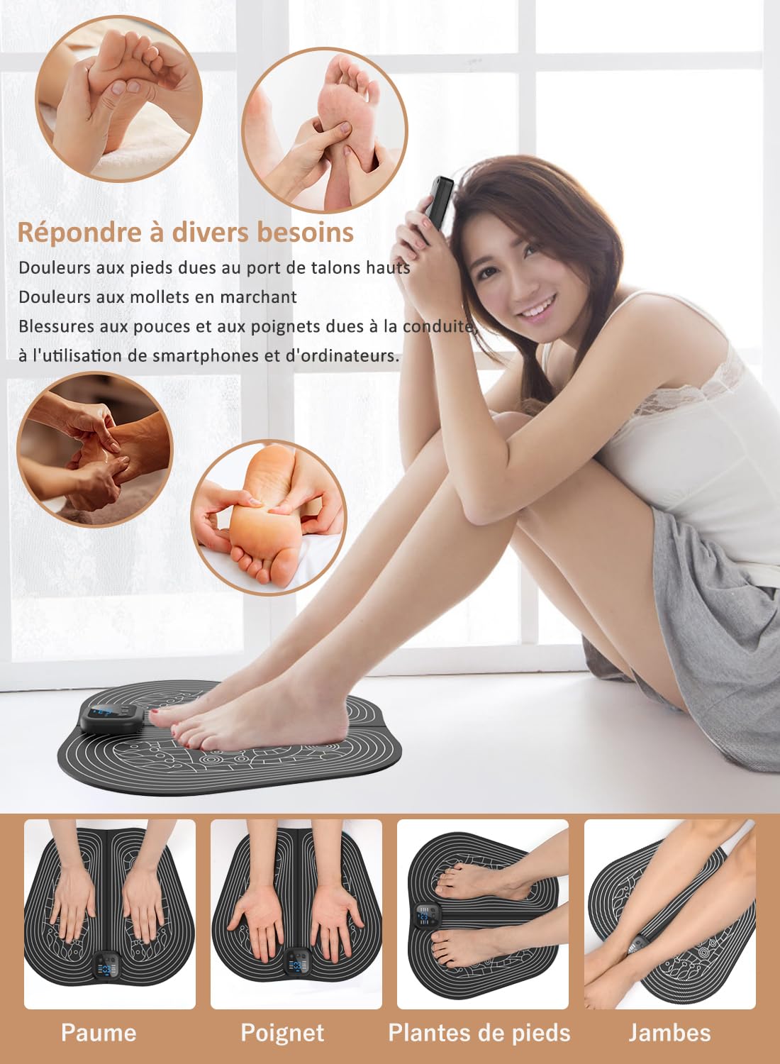 Masseur de Pieds EMS Portable, Tapis Masseur Plantaire Electrique Pliable, 8 Modes 30 Niveaux, Massage Pieds doux et Facile à Nettoyer, pour détendre les muscles, Télécommande, écran LCD