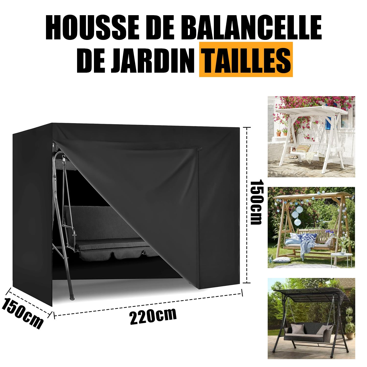 Housse de Balancelle de Jardin 3 Places, Balancelle Jardin Bache Exterieur Imperméable Anti-UV Coupe-Vent 600D Oxford pour Balancelle de Jardin, Hamac de Jardin (Noir, 220x150x150cm)