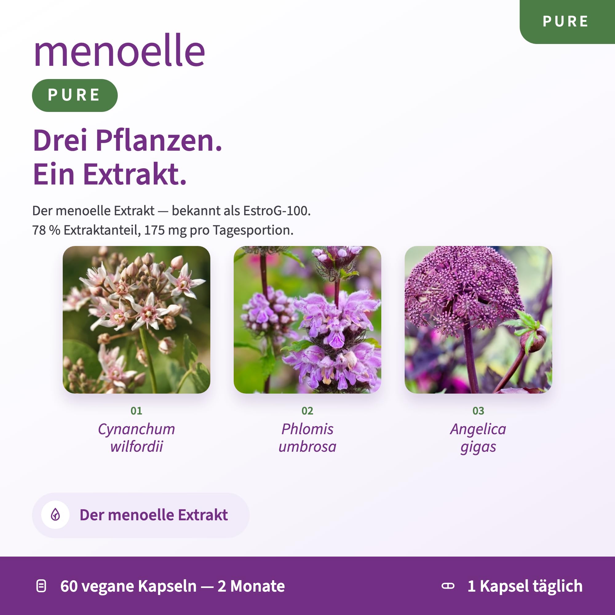 menoelle PURE – EstroG-100 Extrakt aus 3 Wurzeln – 60 vegane Kapseln