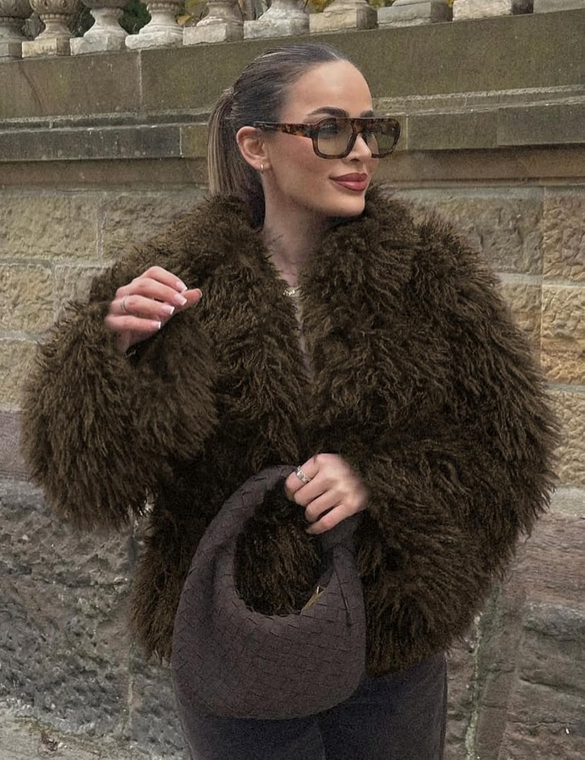 Wyeysyt Womens Faux Fur Coat Cropped Lapel Fluffy Fur Jacket Long Sleeve Open Front Shaggy Fuzzy Outerwear - Image 2