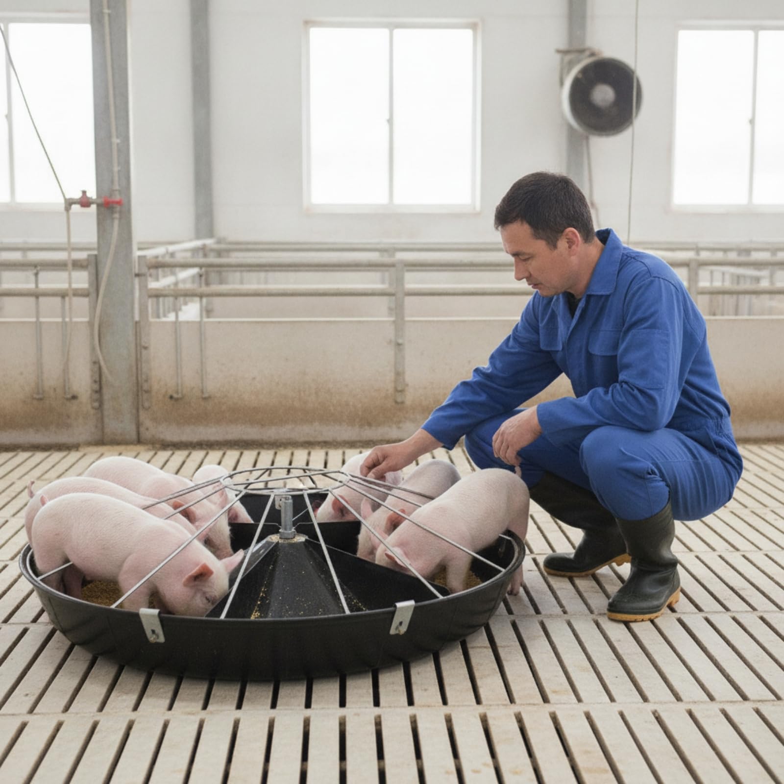 Mangiatoia per Suinetti con Telaio Metallico Zincato E Cono Centrale per Distribuzione Uniforme del Cibo nelle Gabbie Adatta per Uso Agricolo E, Nero, 52 Cm Doppio Strato 8 Fori