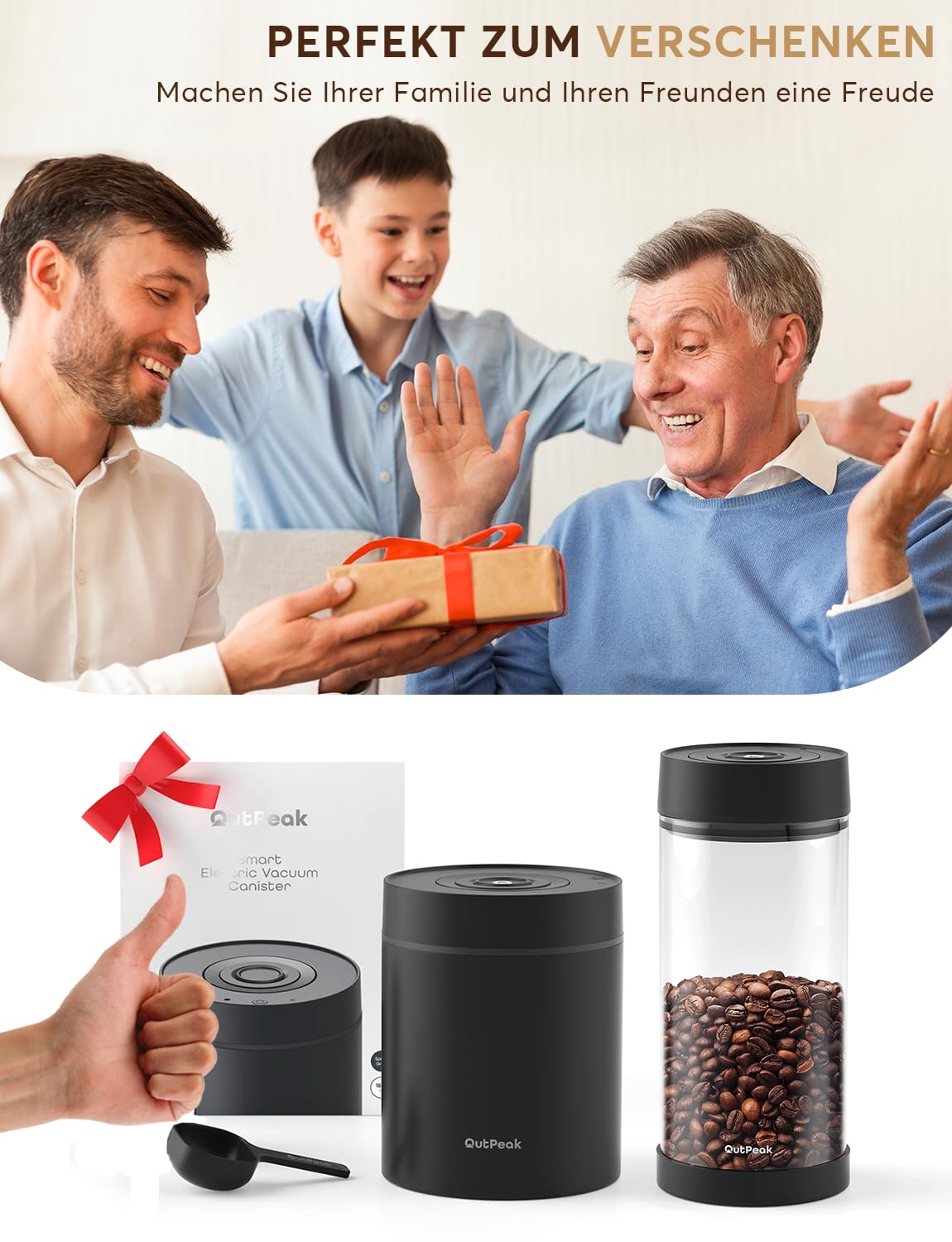 OUTPEAK Neo 2026 Kilo Auto-Vakuum-Kaffeedose, 1,5 l Fassungsvermögen für 500 ml Kaffeebohnen, Ein-Knopf-Bedienung, Edelstahl-Kaffee-Aufbewahrungsbehälter für Barista, Geschenke (groß, mattschwarz)