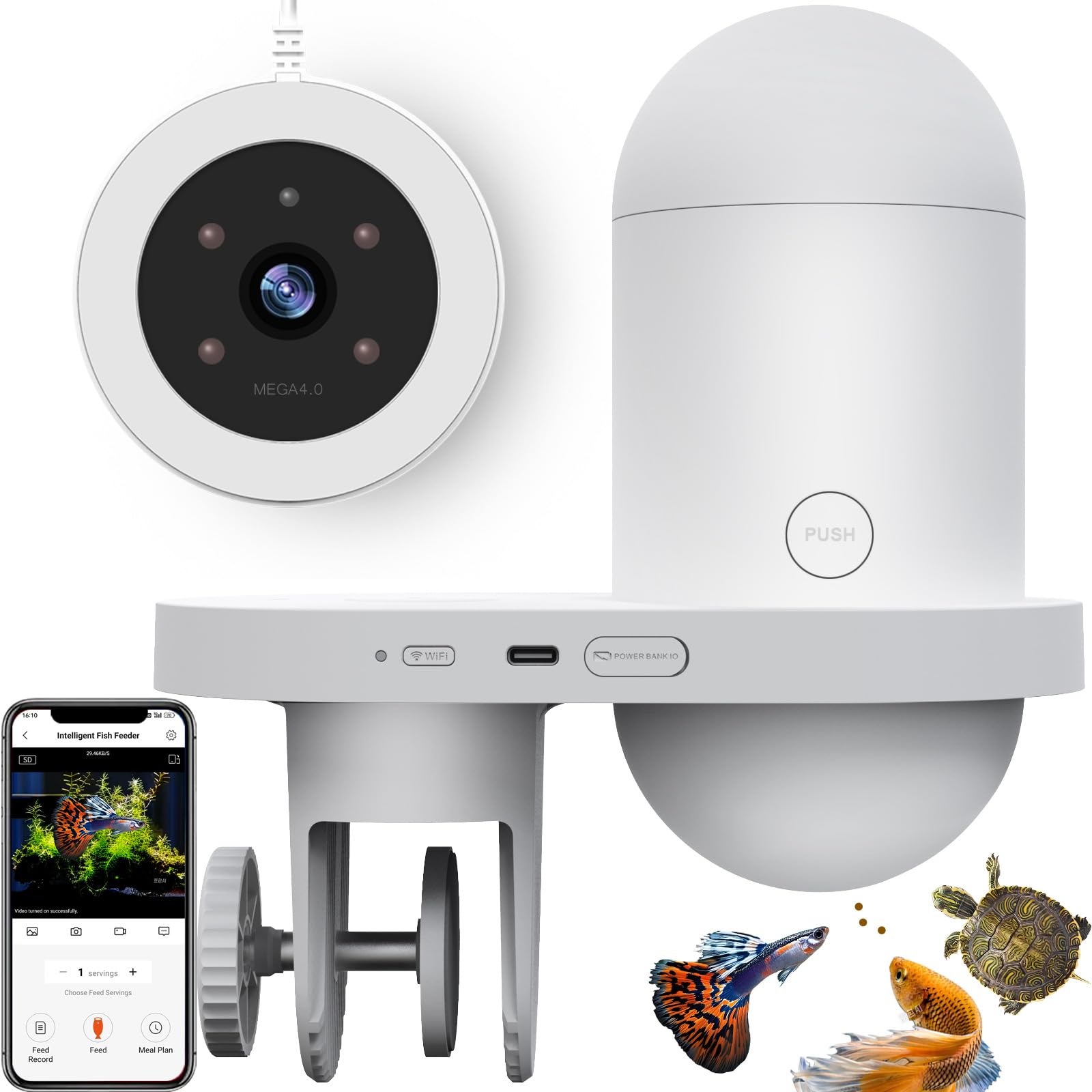 Alimentador automático de peces con WiFi, dispensador automático de alimentos para peces con cámara HD, temporizador y alimentado por USB-C, alimentador de vacaciones para acuario, tortuga, tanque