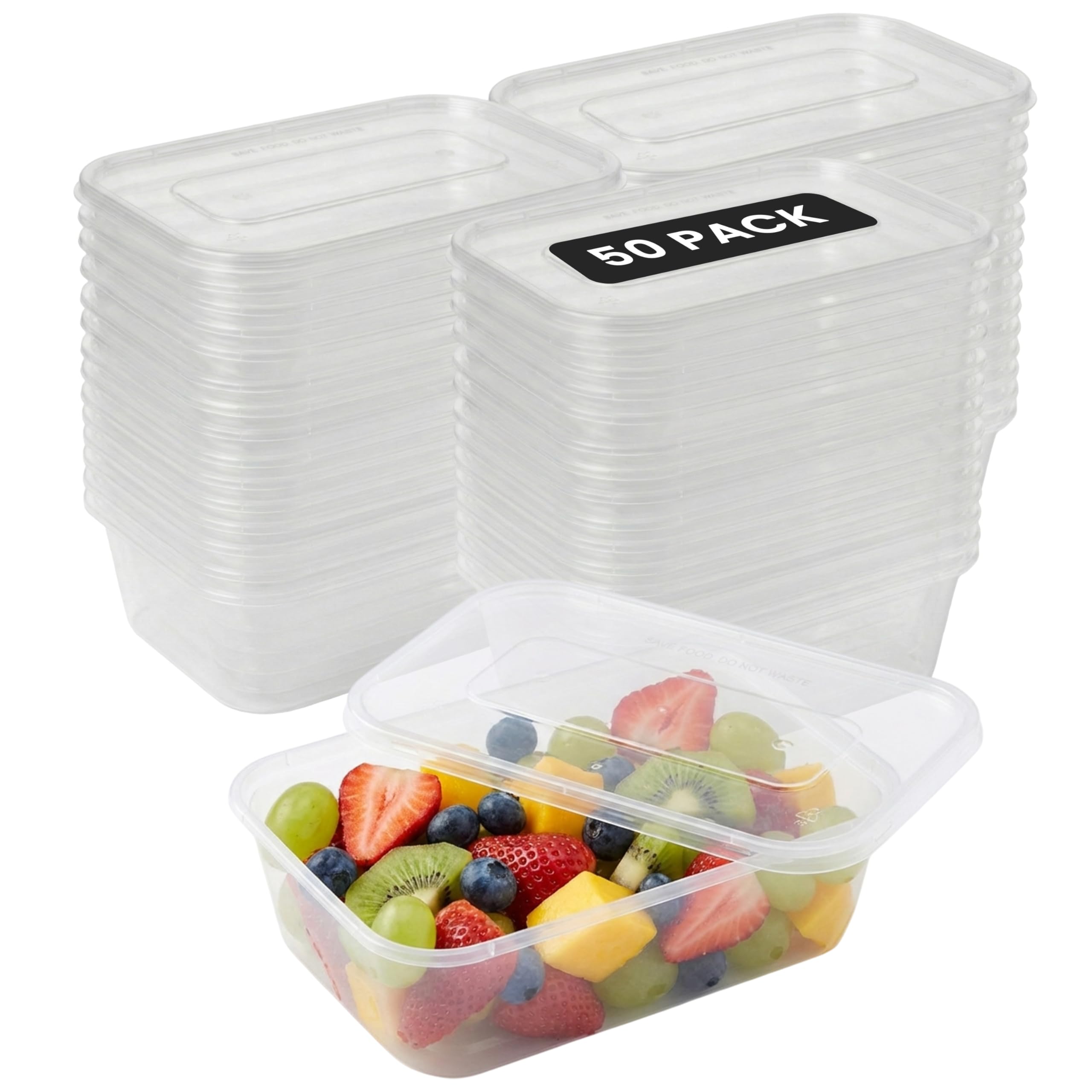 Aspect Food Containers, 50 x 500ml Plastic Food Containers With Lids, Airtight, BPA Free, Reusable, Microwave & Freezer Safe,Takeaway Meal Prep Containers For Hot & Cold Food