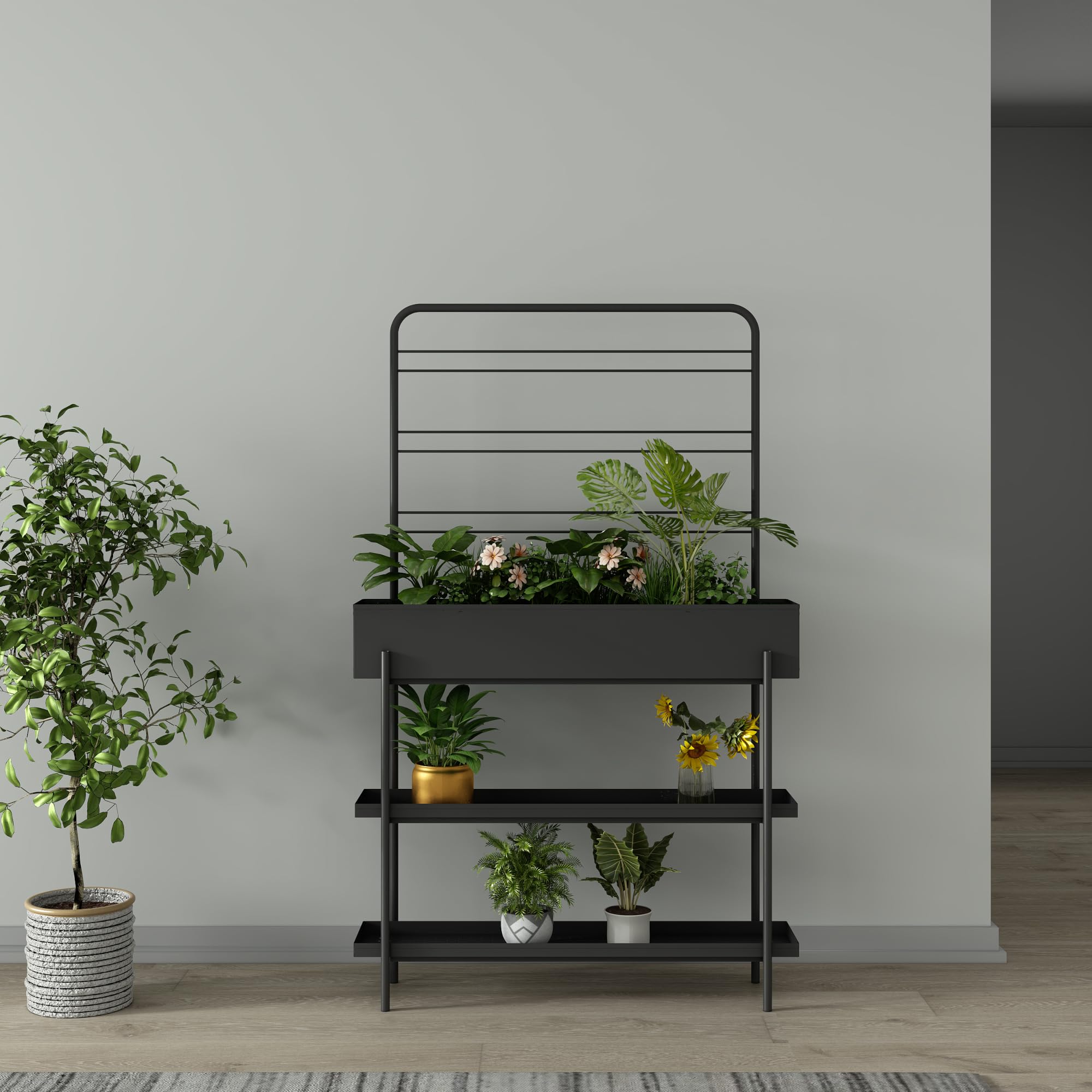 casa.pro Outdoor Pflanzenregal Aalsmeer Pflanzenständer mit Blumenkasten 2 Ablagen Blumenregal aus Metall 154 x 96 x 24 cm indoor Schwarz