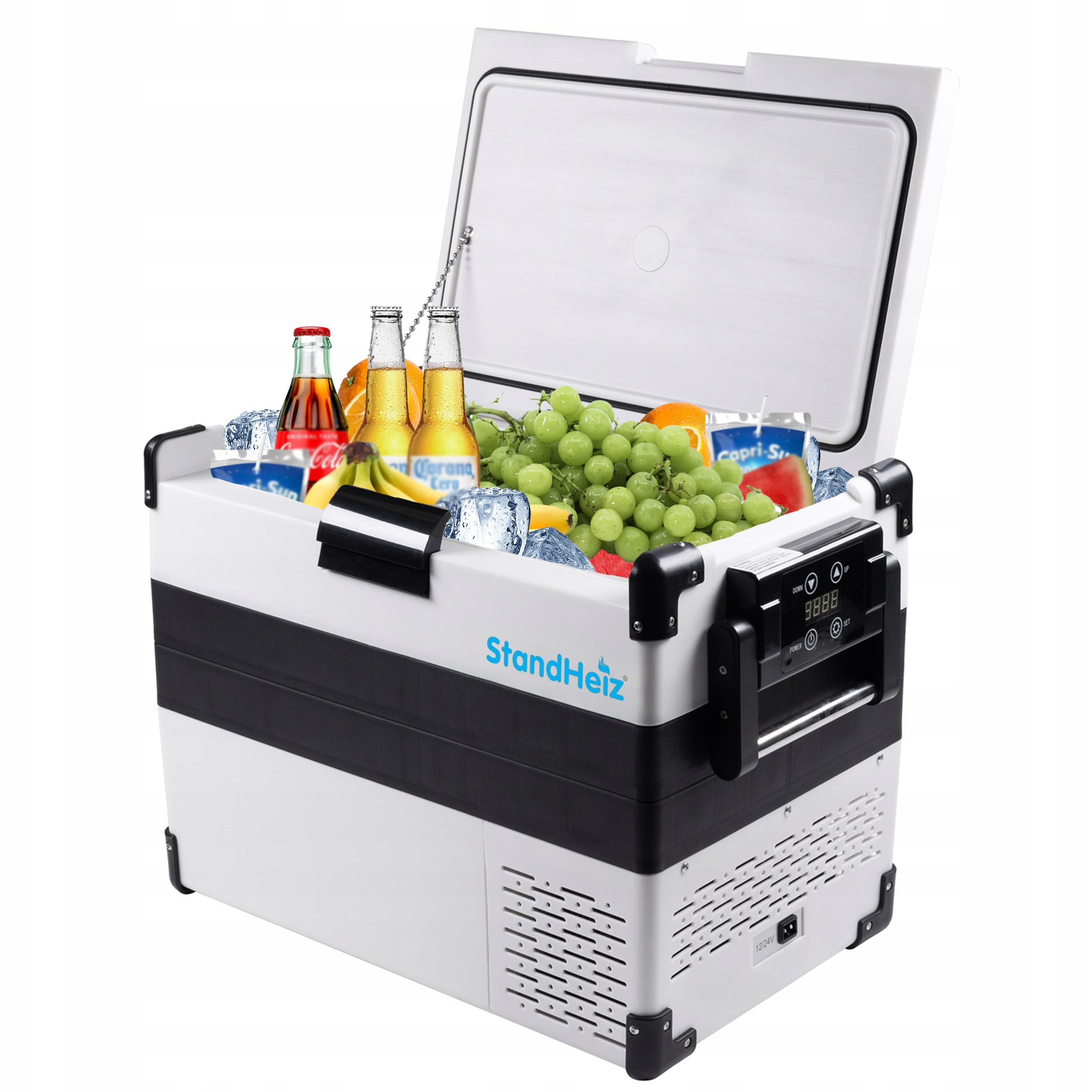 Tragbare Kühlbox Weiß Kompressor 42L Beste Lösung für Wohnmobile und Autos, ideal für Camping, mit Gefrierfunktion bis -20°C, betrieben mit 12V, 24V und 230V, leise und energiesparend.
