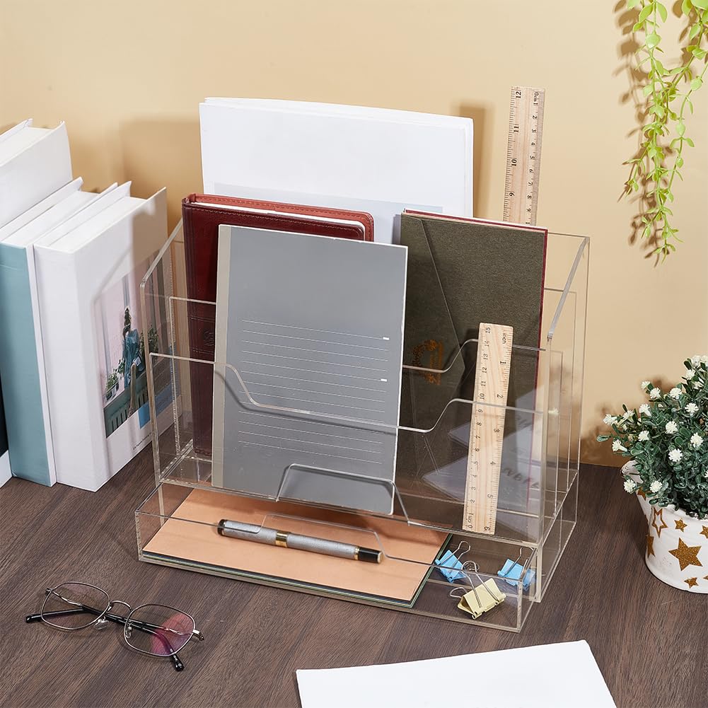 nbeads Organizador de escritorio de acrílico con cajones, 24,9 x 31,4 x 11,9 cm, transparente, multifuncional, para escritorio, archivo, clasificador de cartas, caja de 3 compartimentos, espacio de
