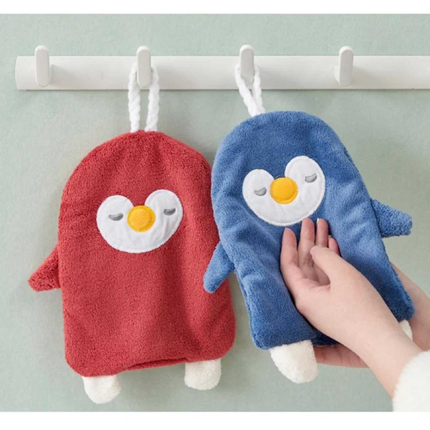 Khillayox Microfiber Cute Animal Penguin Hand Towels for Kitchen and Bathroom, Soft & Plush Wash Basin Hand Dry Towel with Hanging Loop, Suitable for Both Kids and Adults - Pack of 2 (21x25 cm)-image-0