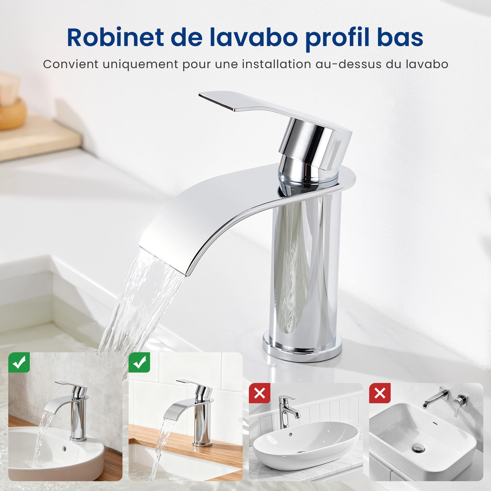 CECIPA Robinet Salle Bain, Moderne Mitigeur Lavabo Cascade, Hauteur de Bec 86 mm, Robinetterie Chromé G 3/8, Eau Chaude et Froide Disponible, Acier Inoxydable