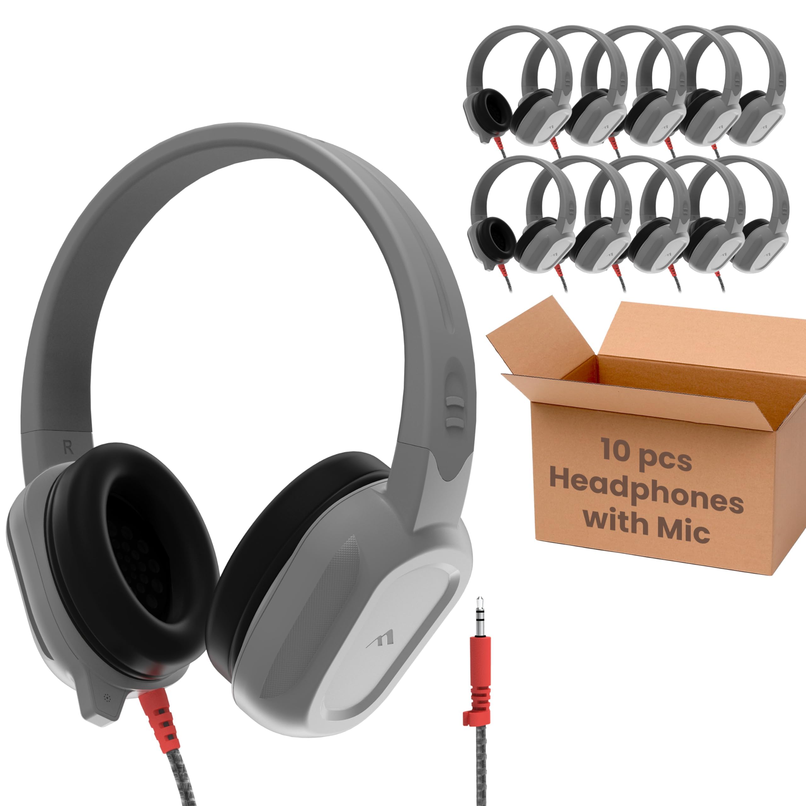 Brenthaven Wired Headphones with Mic 10-Pack | 3.5 mm Jack On-Ear Rugged 2 Adjustable Headphones with Long Tangle Free Cord - Lightweight Durable & Drop Tested School Supplies for Kids - Gray