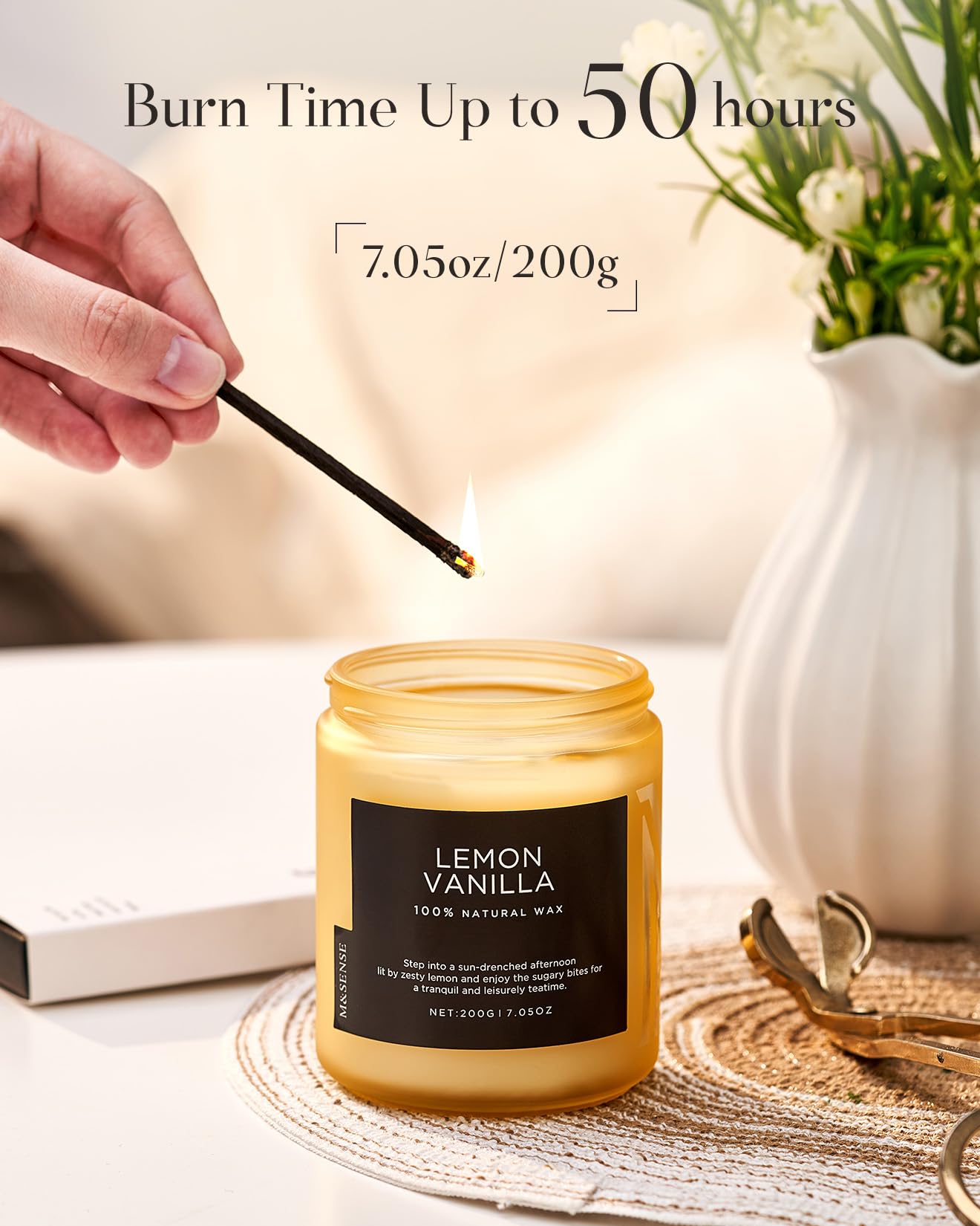 M&SENSE Lemon Vanilla Organic Scented Candles Gifts for Women 200g 50H Burn Time Candles Gifts for Men Soy Wax Aromatherapy Camdle for Relaxation Stress Relief Non Toxic Small Jar Candle for Home - Image 4