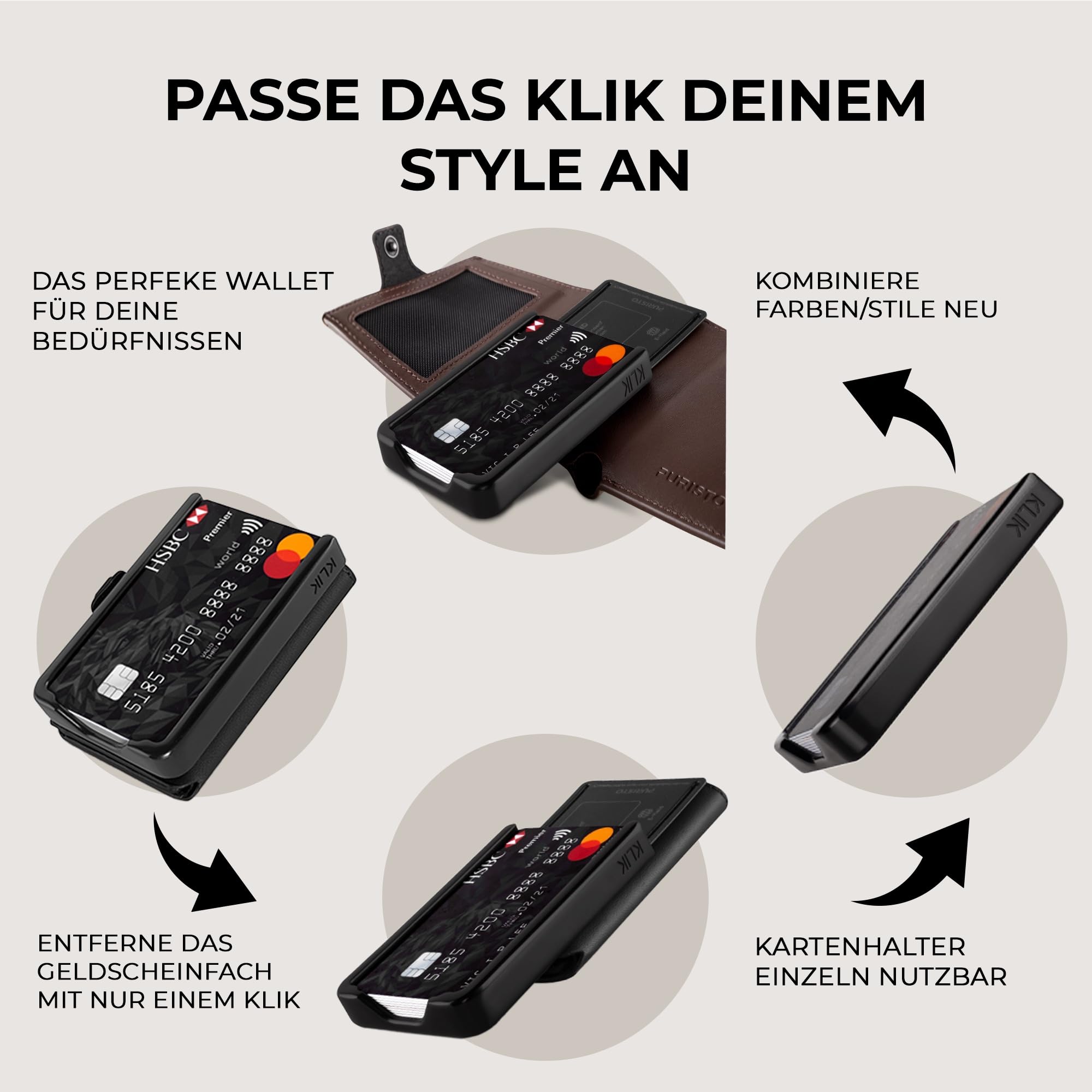 KLIK Classic Slim Wallet mit Münzfach - Mini-Geldbörse für Herren aus Echtleder - Kleines Kartenetui mit RFID-Schutz für 10-14 Karten - Carbon