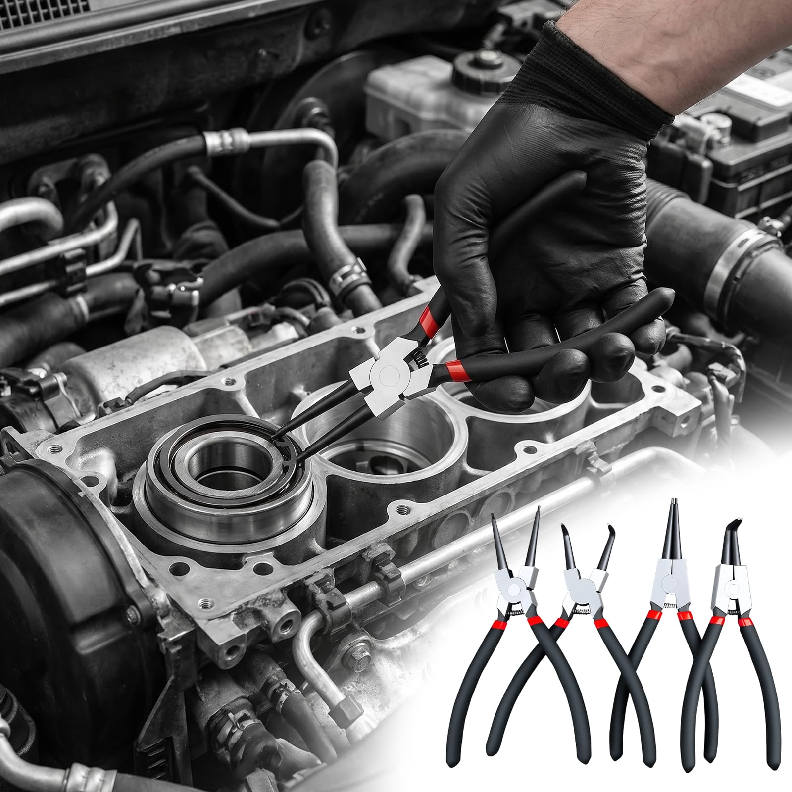4 Teiliges Sprengringzange Innen und Außen Sprengring Set mit Aufbewahrungstasche Sprengringzangen Set für Mechanik, Reparatur, Montage, Stahlzangen mit Rutschfestem Griff 170mm Schwarz