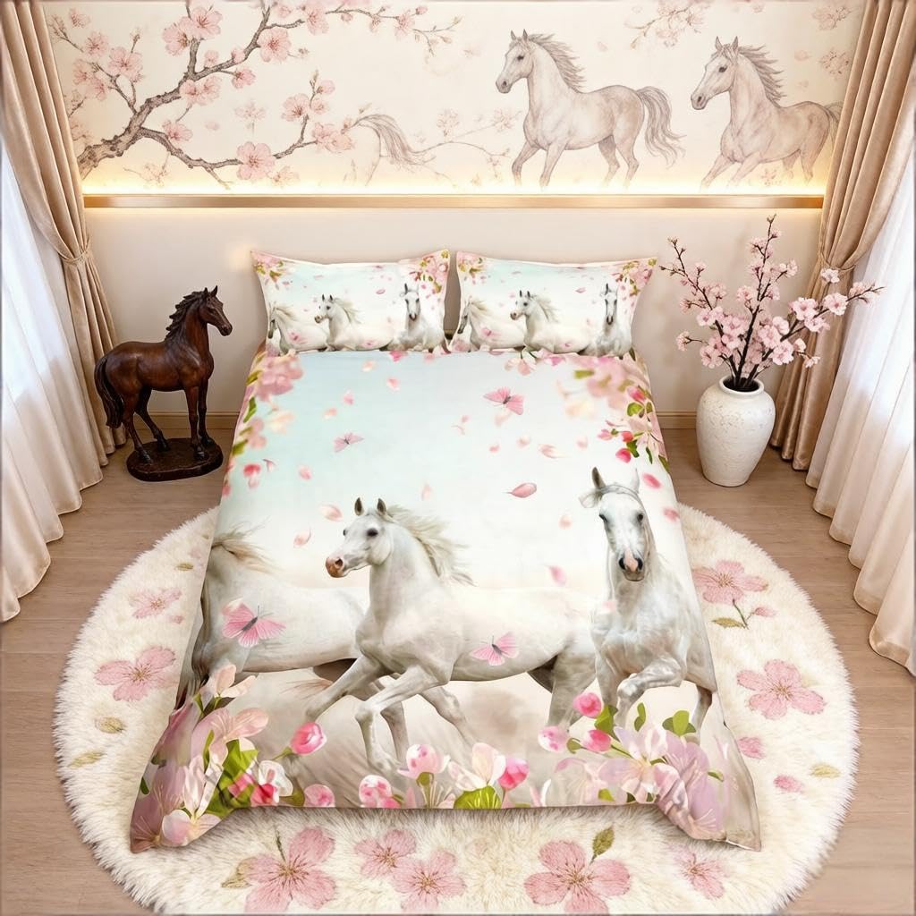 Loussiesd Girls Horse Bedding Set for Kids Teens Women White Galloping Horse Comforter Cover Set Pink Cherry Blossom Floral Duvet Cover 3D Wild Animal Bedding & Linen Super King — image 1
