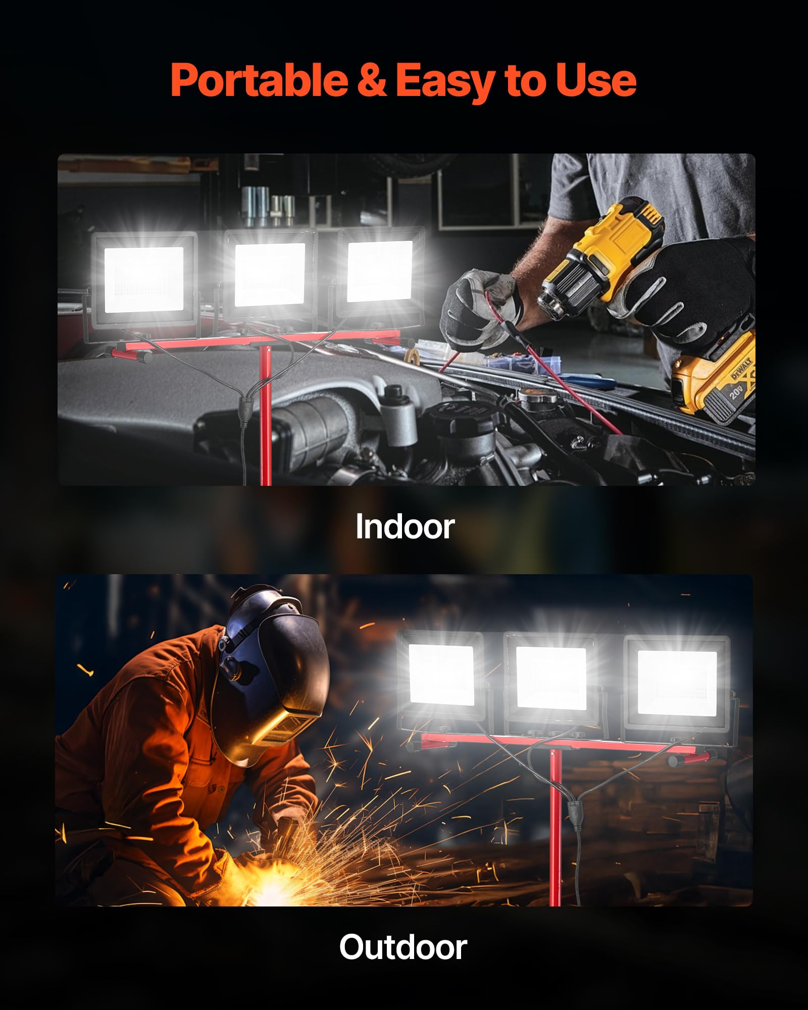 VEVOR Luz de Trabajo LED con Soporte, 15 000 Lúmenes, Luz de 3 Cabezales con Interruptor Individual, Trípode y Cable de Alimentación de 3,3 m para Obras de Construcción, Resistente al Agua IP65