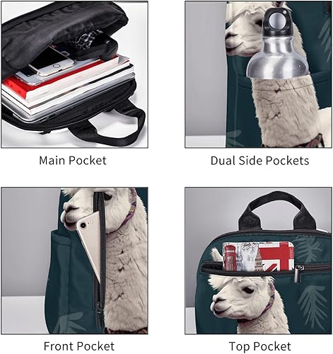 Miniatura 5 de Mochila con estampado de llama de alpaca, ligera, casual, bolsa de viaje para laptop para hombres y mujeres, Negro -, Causal
