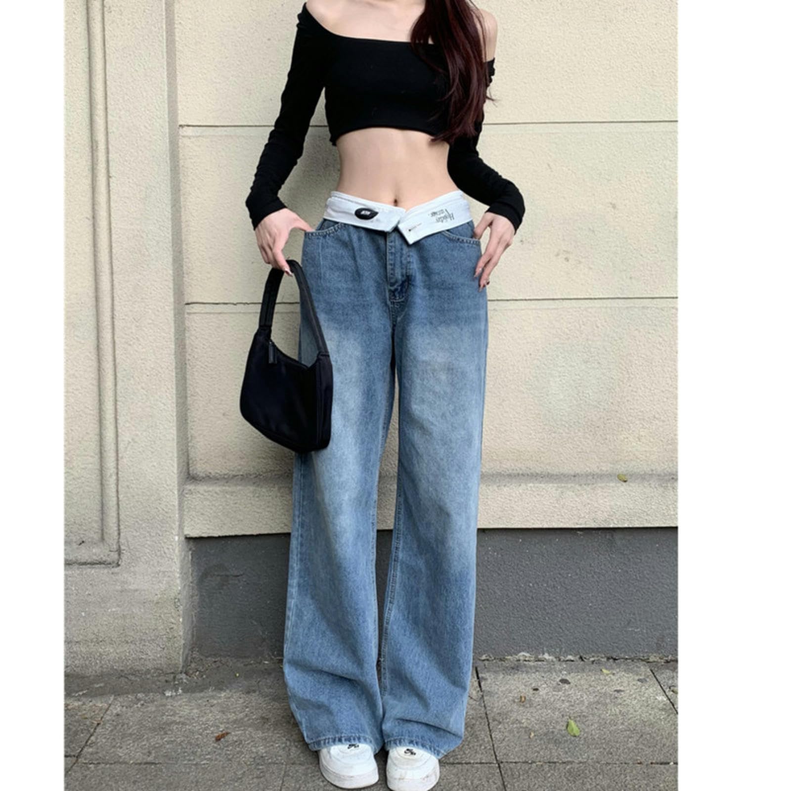 MdybF Dżinsy damskie dżinsy damskie z wysokim stanem odzież damska denim moda uliczna proste nogawki dżinsy ubrania spodnie