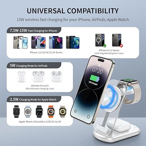 Miniatura 2 de Estación de carga rápida inalámbrica Mag-Safe 2025, cargador magnético 3 en 1 con luz para iPhone 17, 16, 15, 14, 13, 12 Pro Max, Apple Watch y Air