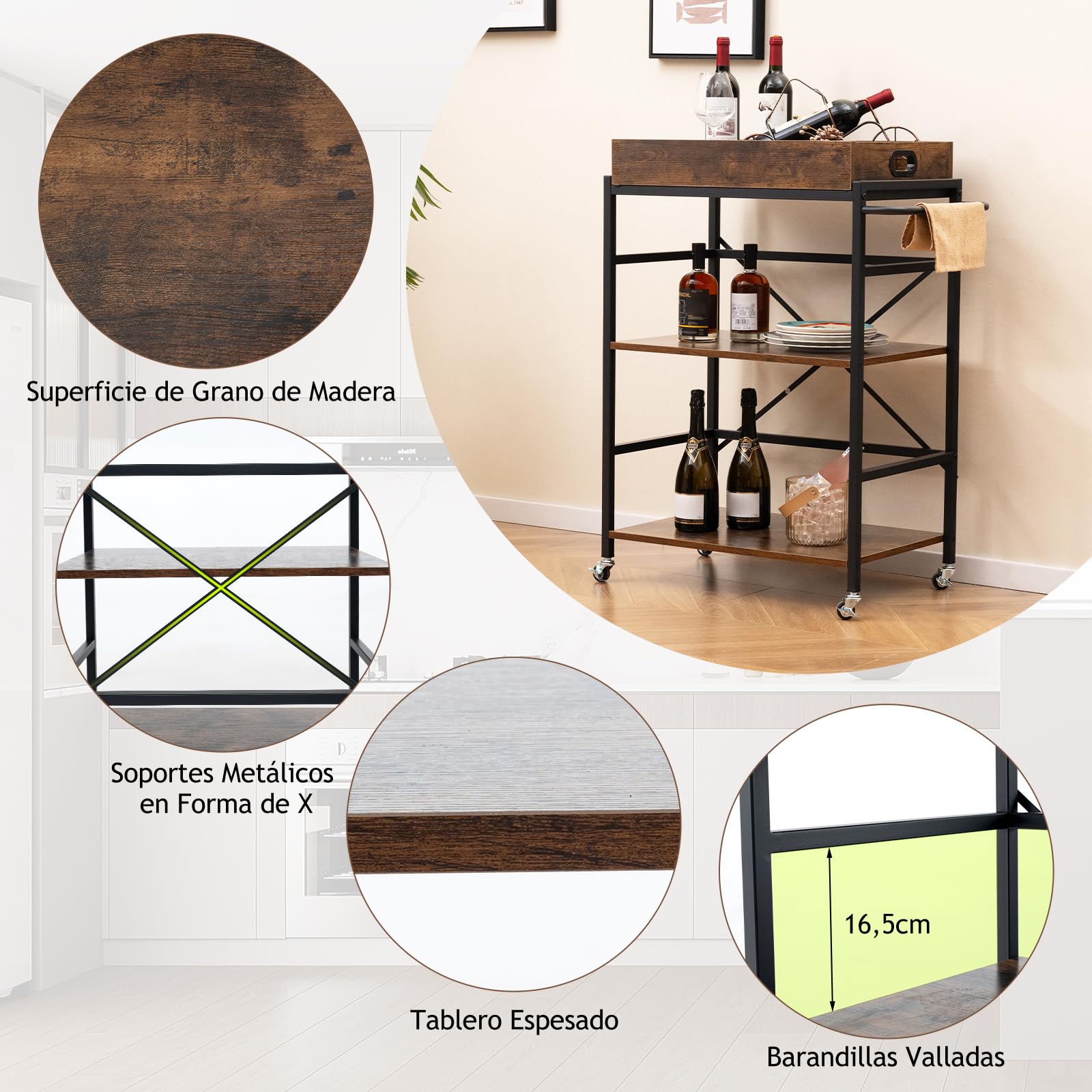 GOPLUS Carro de Cocina de 3 Niveles con Ruedas, Carro de Servicio de 3 Niveles con Bandeja Extraíble, 4 Ruedas Universales Bloqueables, Carro de Estilo Industrial, para Cocina Comedor