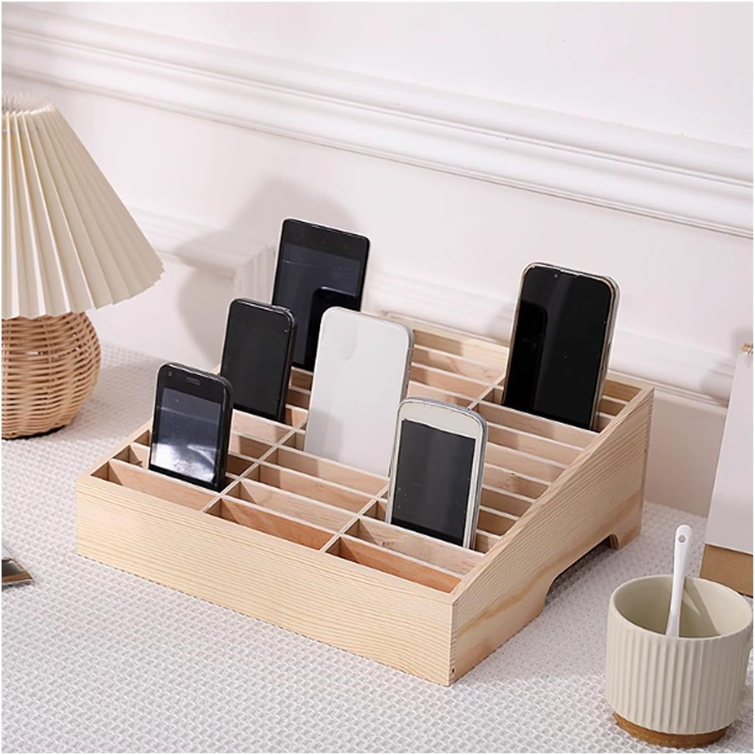 Wooden Mobile Phone Storage Box, Portable Cell Phone Organizer for Office, Gym & Dormitory, Holds 12-60 Phones, Ideal Desk Locker (11.8x10.8x4.5 inch)