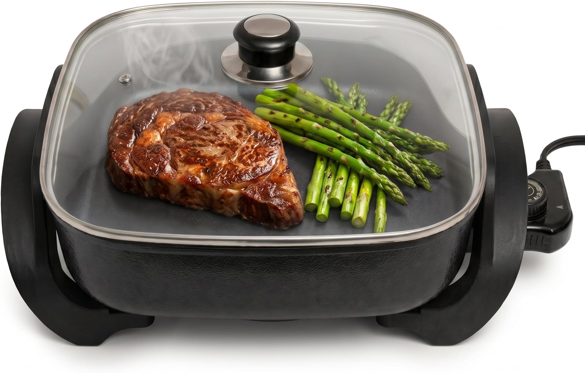 Moss & Stone Square Nonstick Electric Skillet With Lid, Aluminum 12x12 Inch Electric Frying Pan 5Qt, Nonstick Cooking Surface, Adjustable Temperature Control, Vented Glass Lid, Heat-Resistant Handle