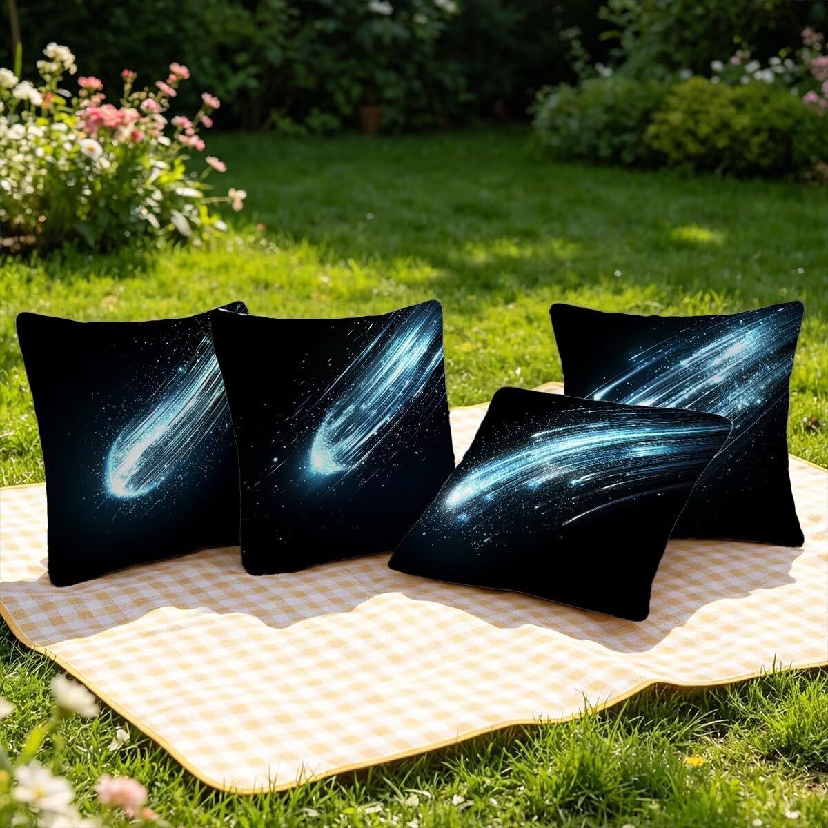 Federe Cuscino Divano 60x60 cm, Nero Cuscini per Divano da Esterno Set da 4, Lino Copricuscini Divanos Impermeabile, Copri Cuscini Meteora Motivo Fronte Retro Stampato per Giardino, Sofá, Balcón, G-1