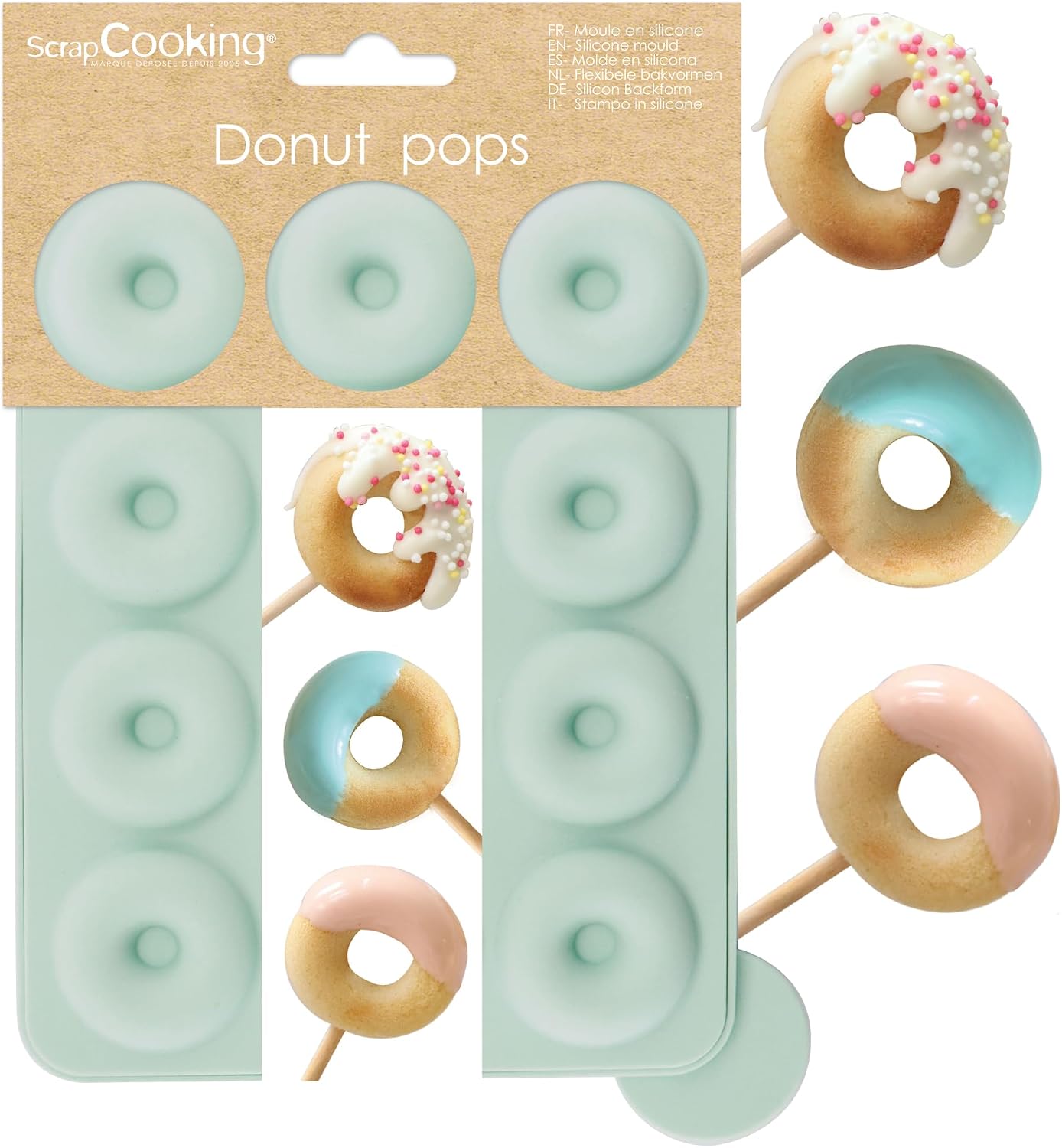 ScrapCooking 3188 Silicone Mould 12 Mini Donuts Lollipop Mould Suitable for Oven & Freezer Children's Cake Baking Soft Utensil Recipe Included Water Green
