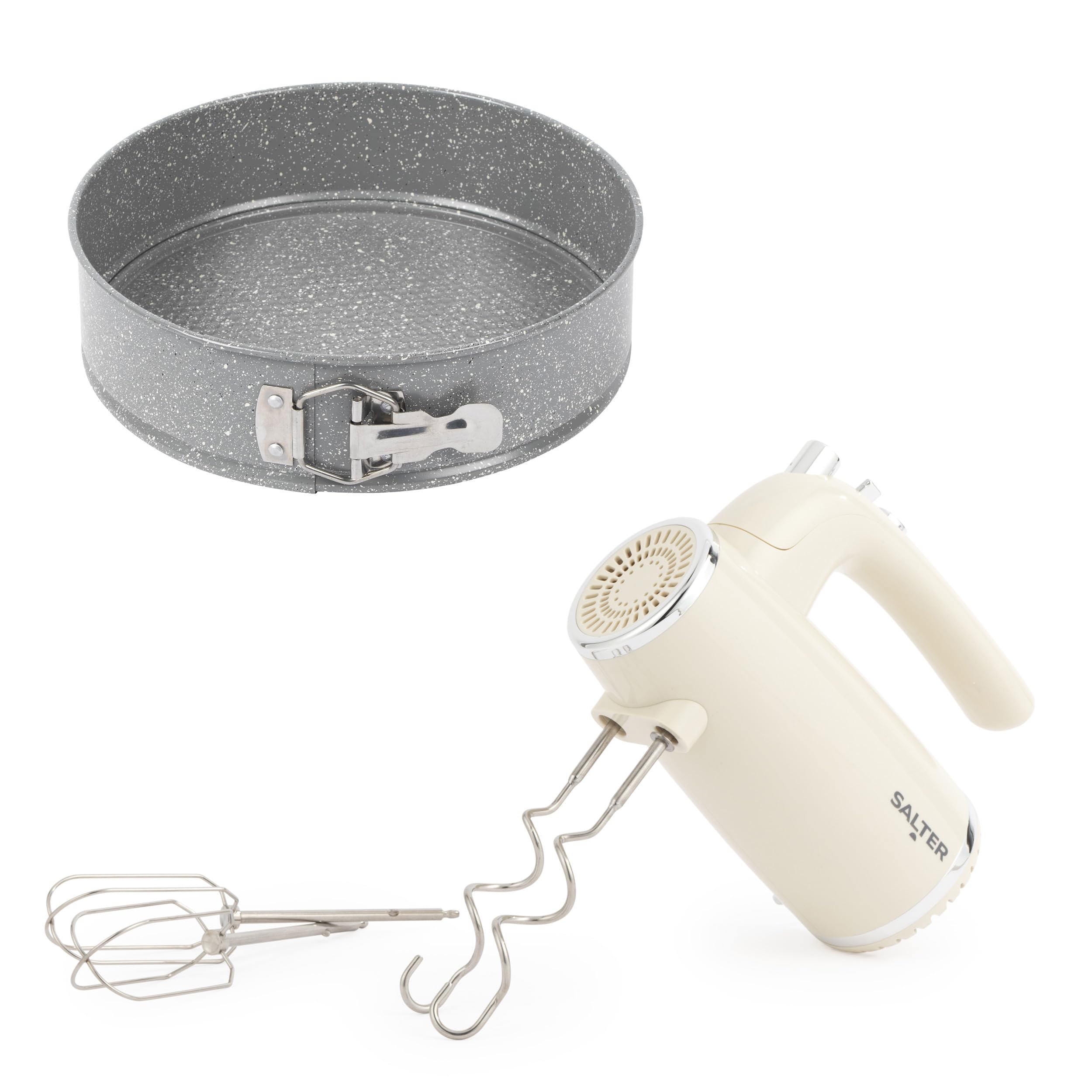 Salter Retro Hand Mixer & Marblestone Cake Tin – 400W Cream Electric Whisk with 5 Speeds + Turbo, XL Chrome Beater & Dough Hook, 24cm Non-Stick Springform Baking Pan, PFOA-Free Carbon Steel