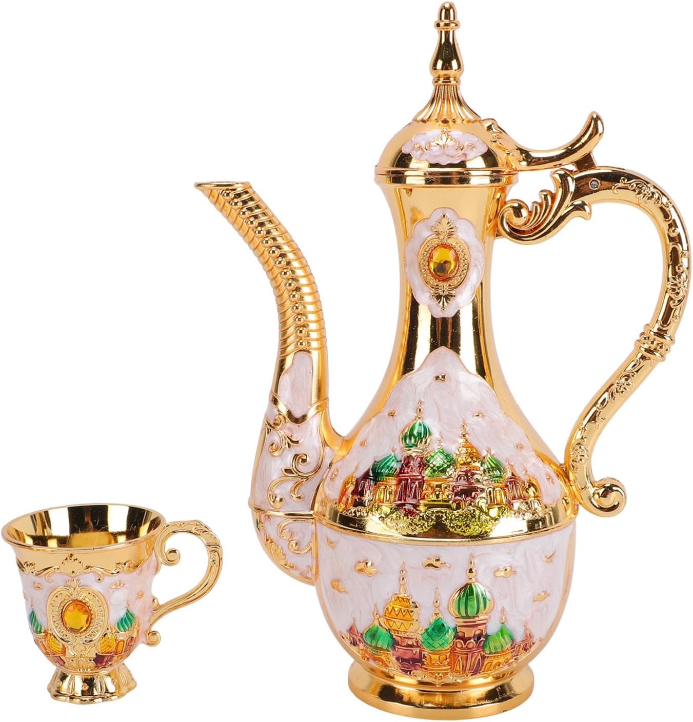 Fockety Vintage Turkish Coffee Pot Set, Retro Tea Service Set Coffee Pot Cups Metal Cups and Tea Tray with 6 Metal Tray and 6 for Home Party Wedding Ornament Decor (Gold White)