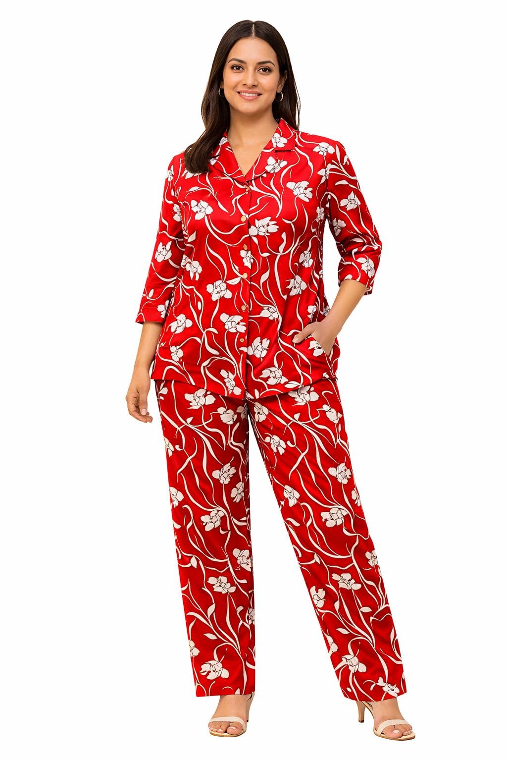 Women’s Red Printed Co-Ord Set Button-Down Top with Matching Pants-image-22