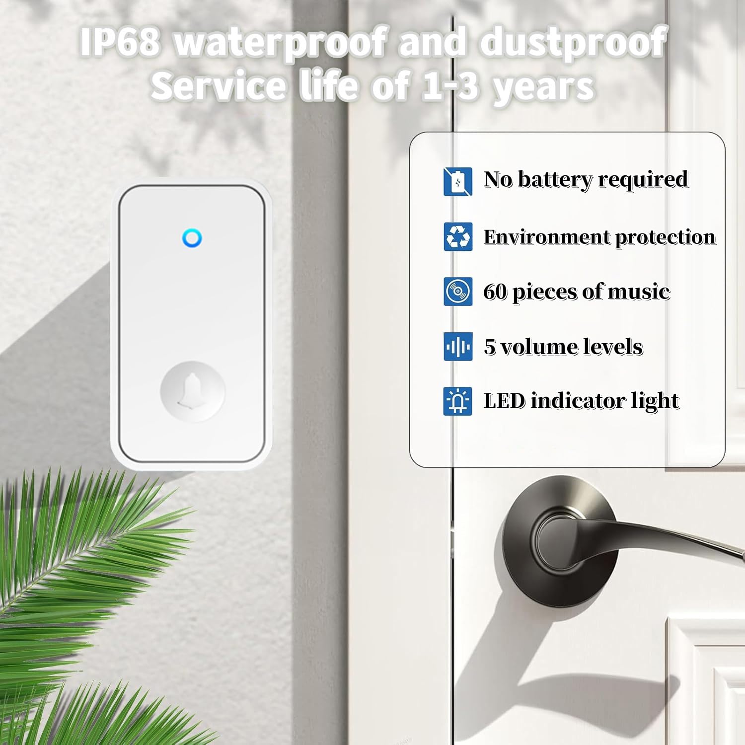 Genérico Kit de Timbre inalámbrico, Impermeable, 150 m, enchufable, inalámbrico, 4 receptores + 2 transmisores autoalimentados, Kit de Timbre con 5 Niveles de Volumen y Flash LED, 60 Timbre