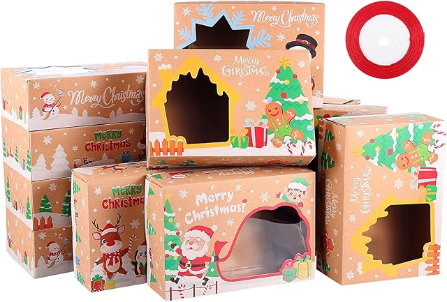 EXCEART 12 Pcs Christmas Cookie Boxes, Kraft Paper Cupcake Containers with Window, Christmas Cupcake Boxes with PVC Window Gift Cake Boxes Treat Boxes Chocolate Boxes for Xmas Packaging