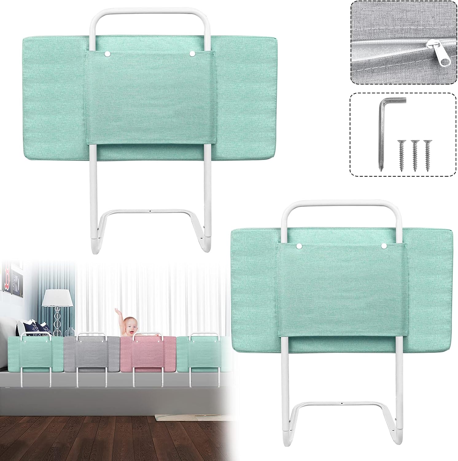 Aufun Barrera de cama para bebé, 60 cm, altura ajustable, barrera para cuna, protección contra caídas para cama, 5 agujeros, protección lateral ajustable, lago verde.
