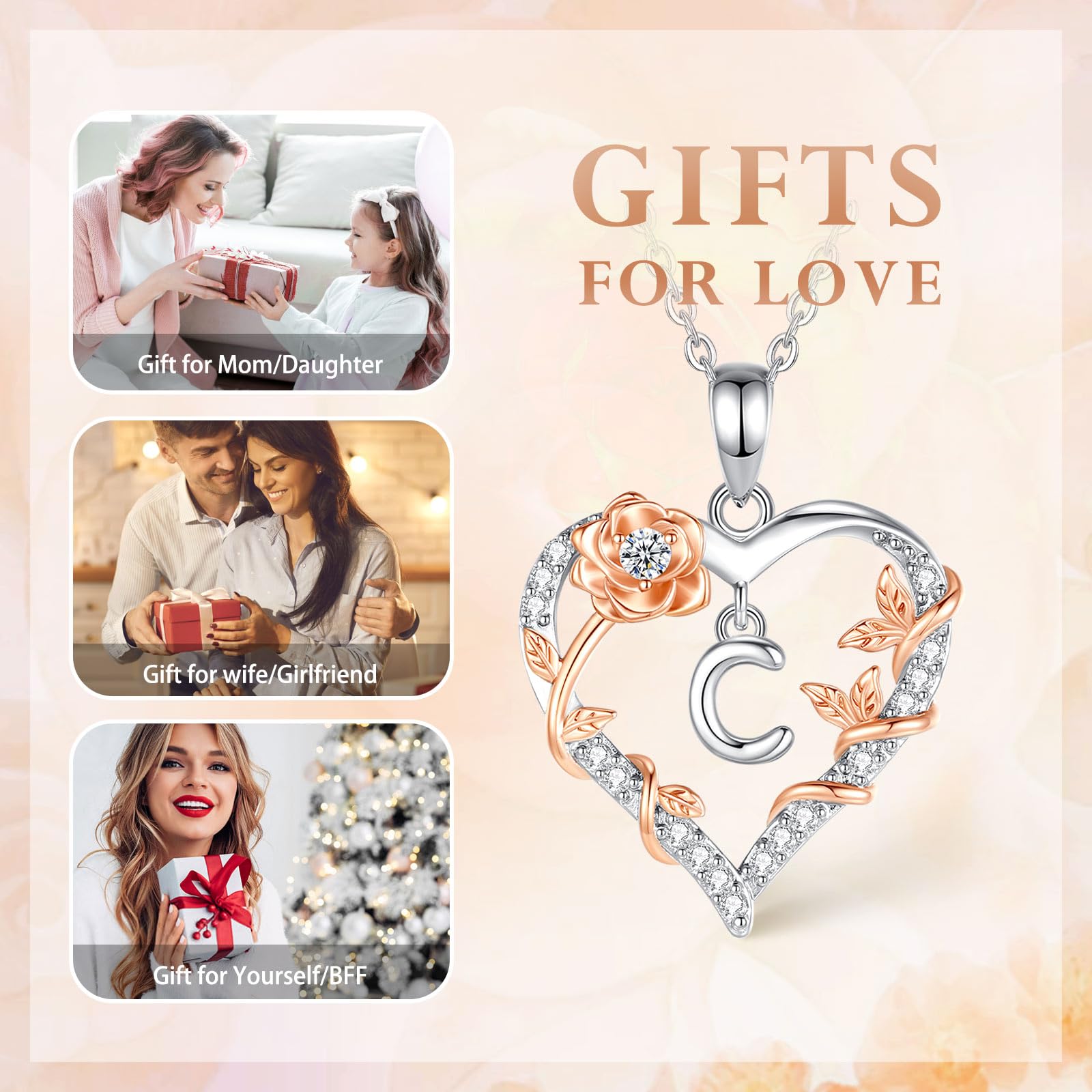 EUDORA Harmony Ball Collana con iniziali a Cuore Rosa per Donne, Lettera dalla A alla Z Collane con Iniziali dell'Alfabeto in Rame Placcato in Rodio Iniziali con Ciondolo Regali di Gioielli, 18"