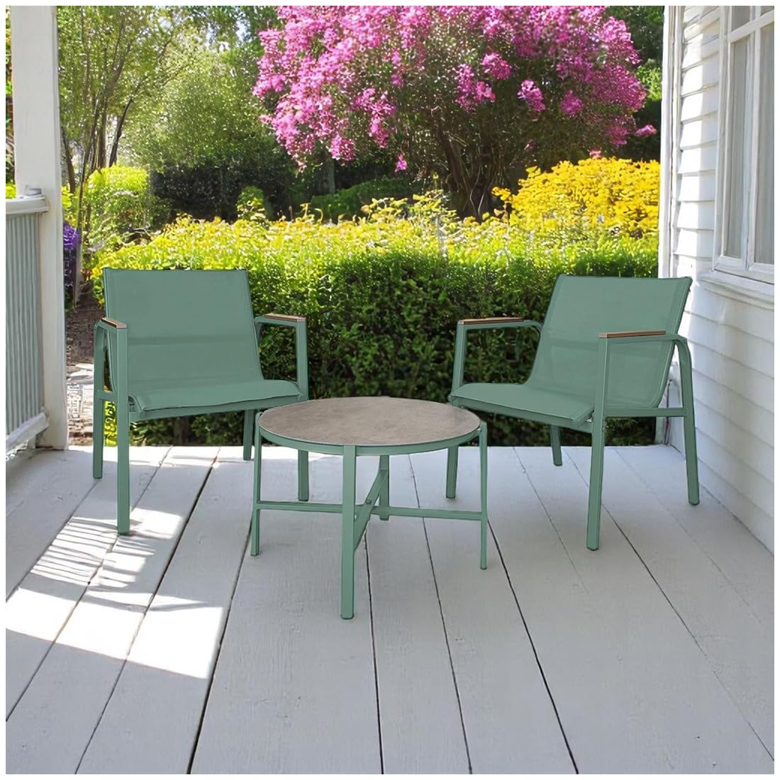 Acomoda Textil – Conjunto Jardín de 2 Sillones + Mesa de Acero Resistente, Decorativo y Ligero. Asiento para Exterior en Patio, Balcón y Terraza de Fácil Instalación. (Verde, 3 Piezas)